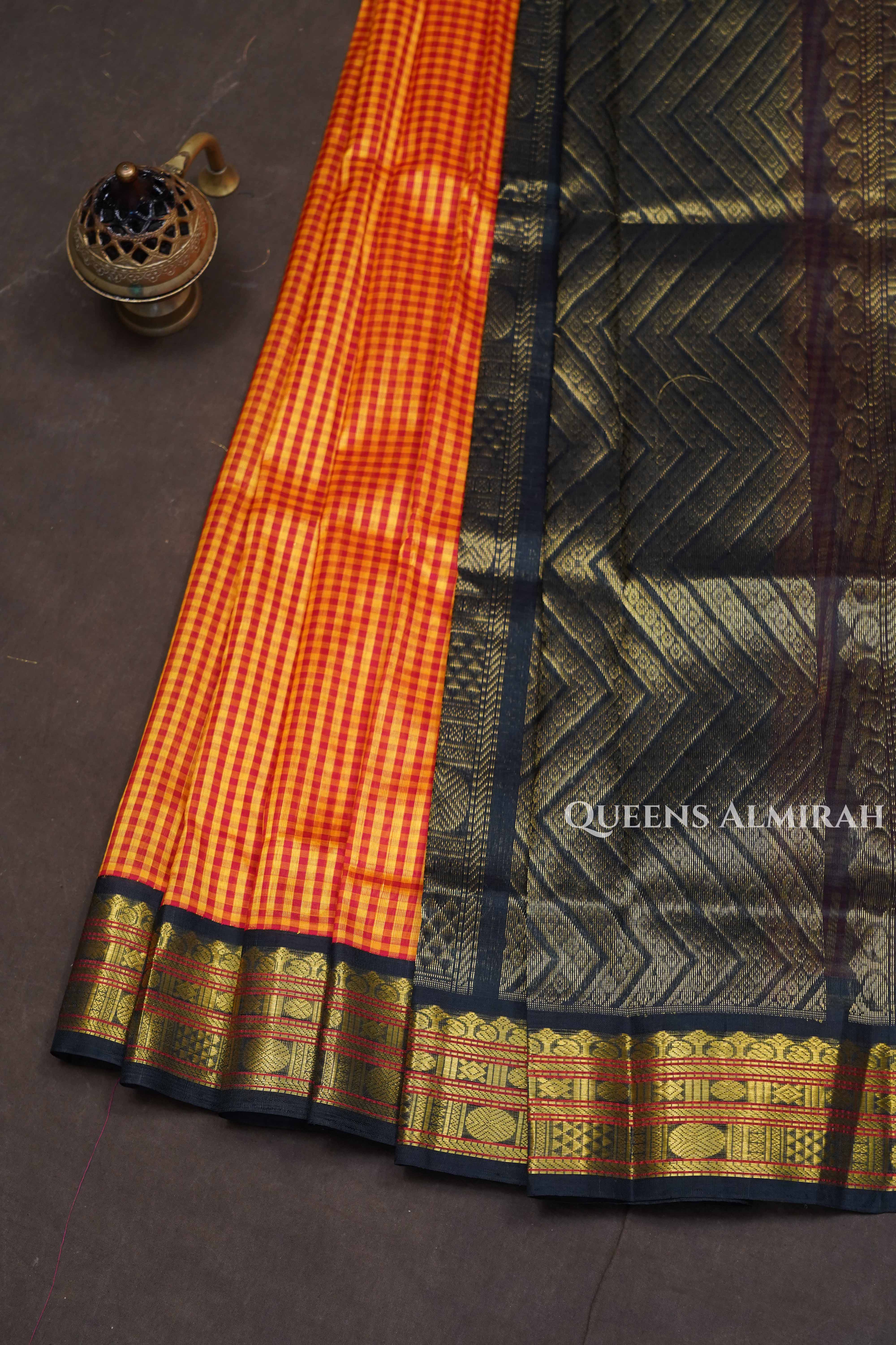 Yellow With Black Pure Silk Cotton Saree