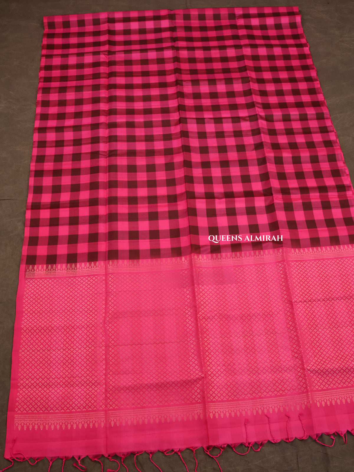 Pink With Black Checks Pure Soft Silk Saree