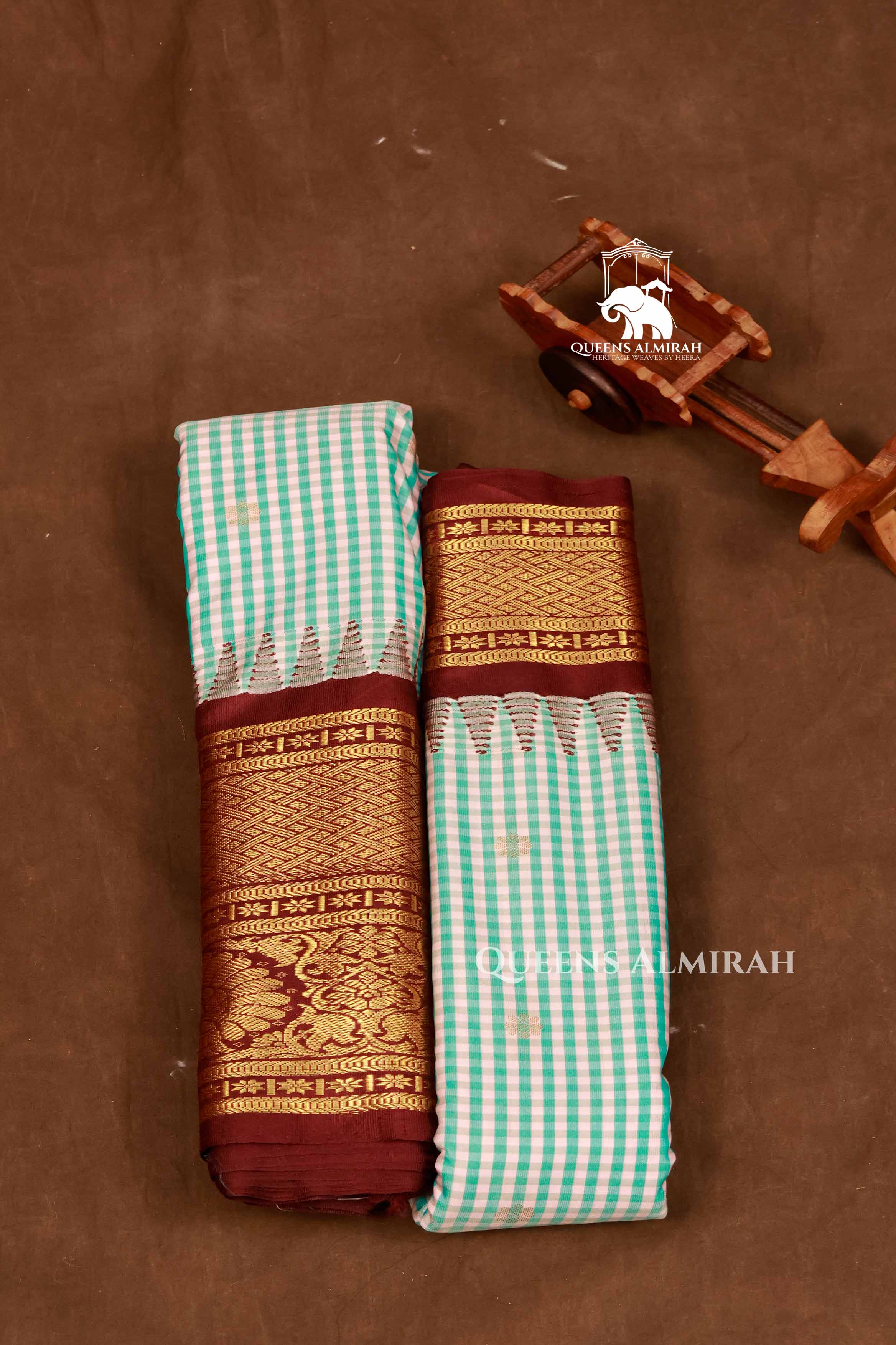 Green And White Kattam With Maroon Semi Gadwal Silk Saree