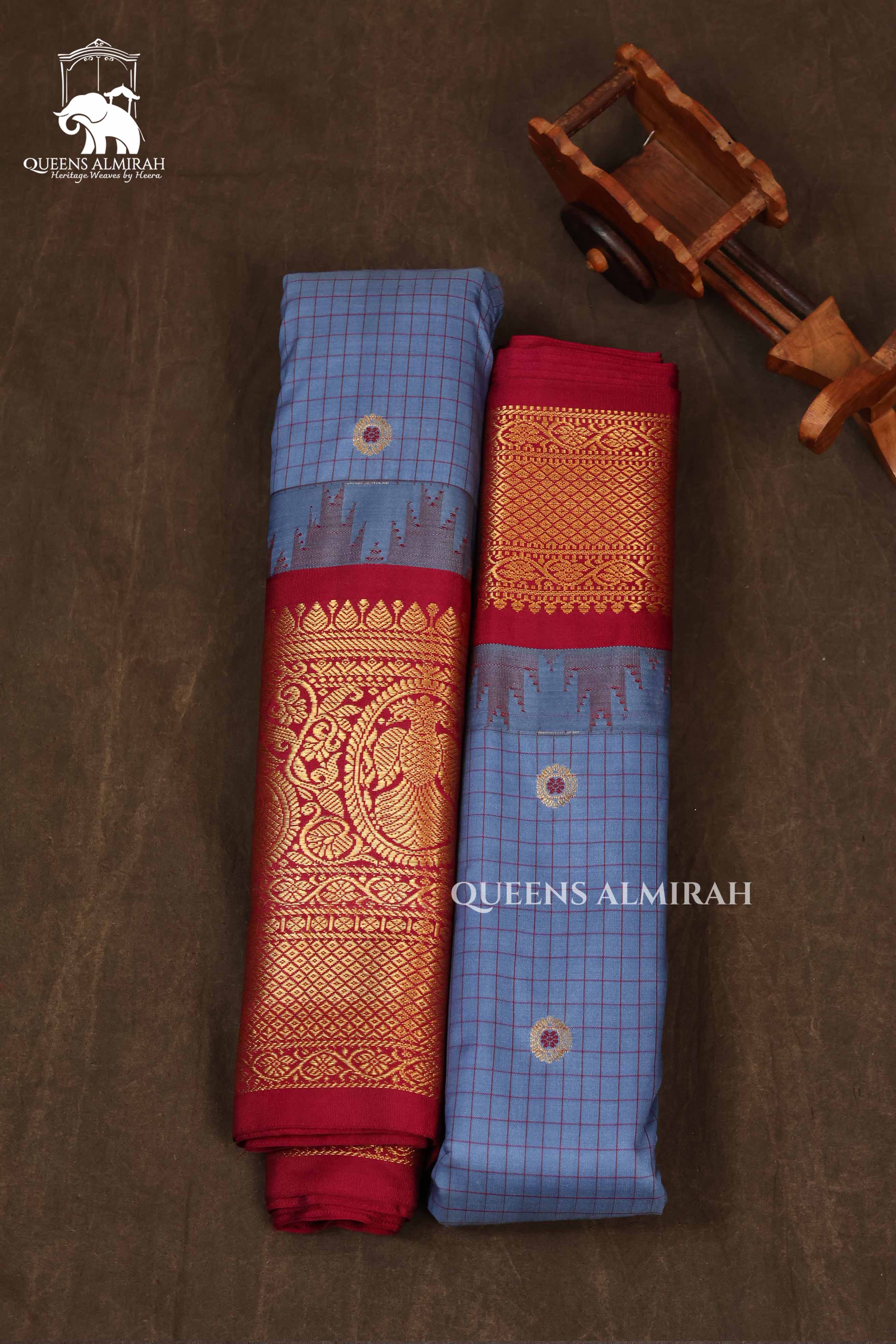 Ash Grey Kattam Butta With Maroon Semi Gadwal Silk Saree