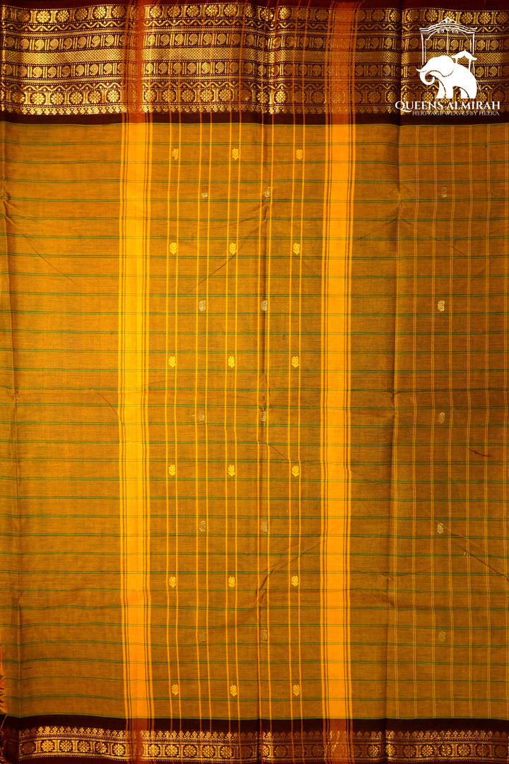 DARK MUSTARD WITH COCO BROWN KANCHI COTTON SAREE - Queens Jewel Emporium