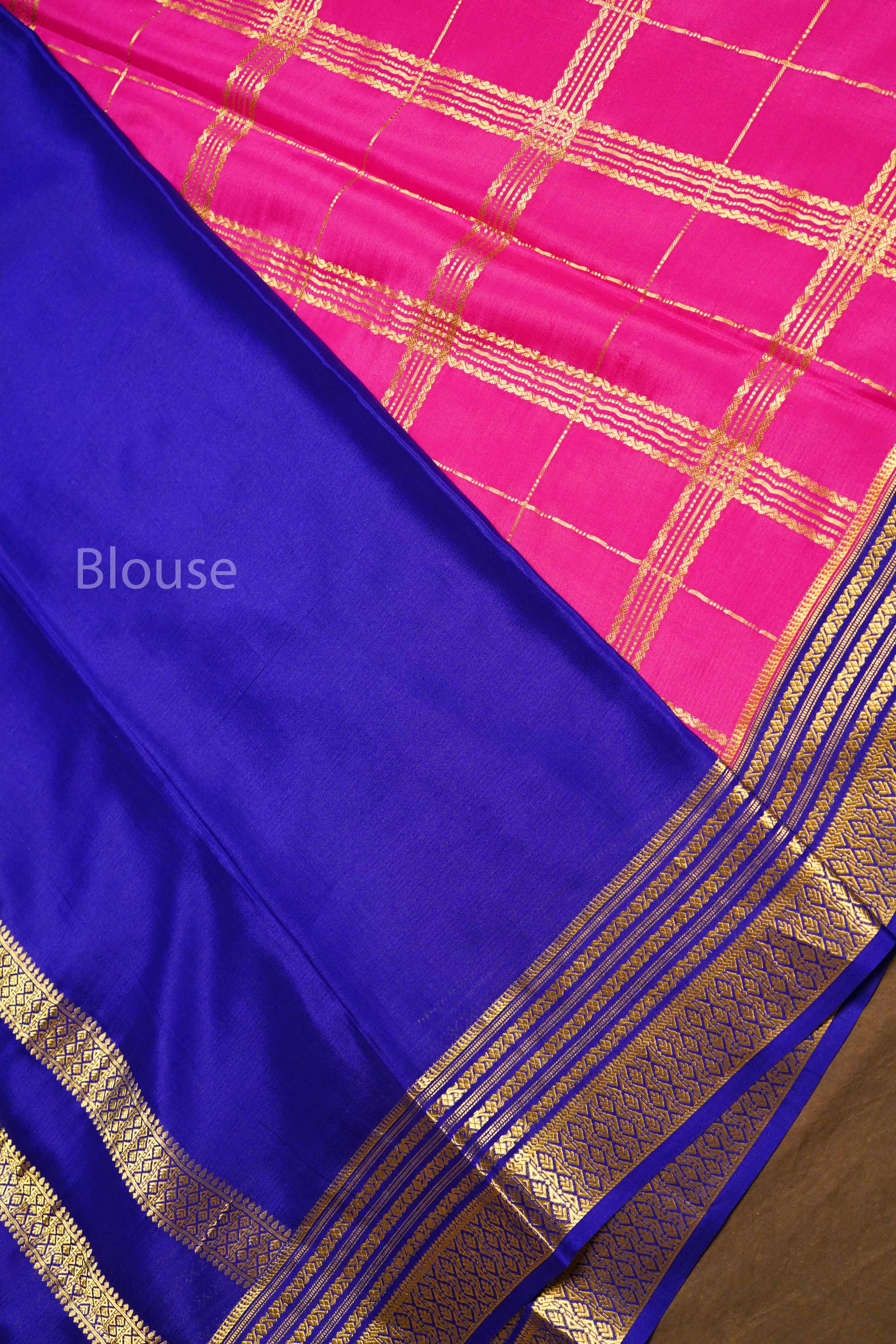 Pink With Navy Blue Mysore Silk Saree