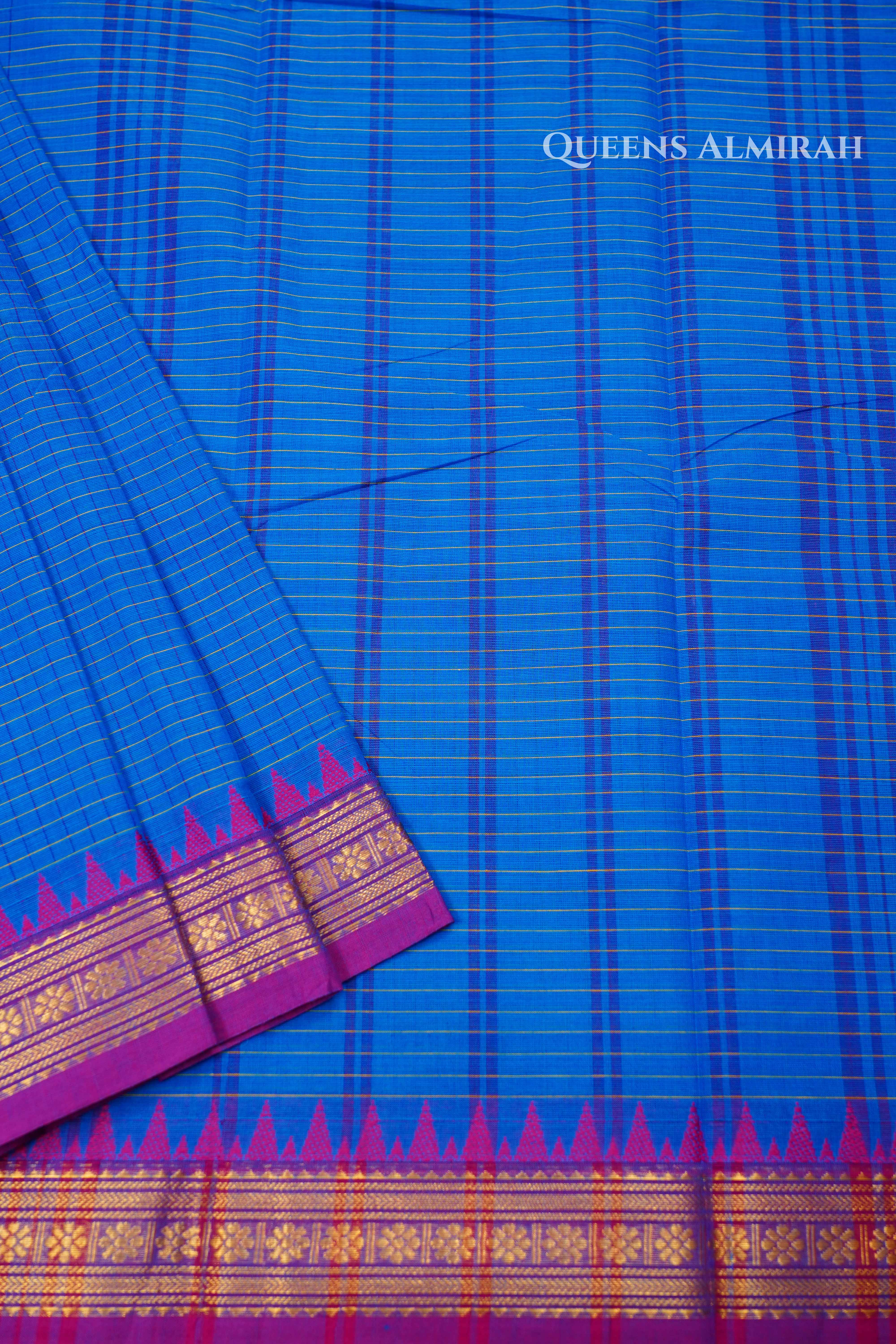 Blue With Dark Pink Kanchi Cotton Saree