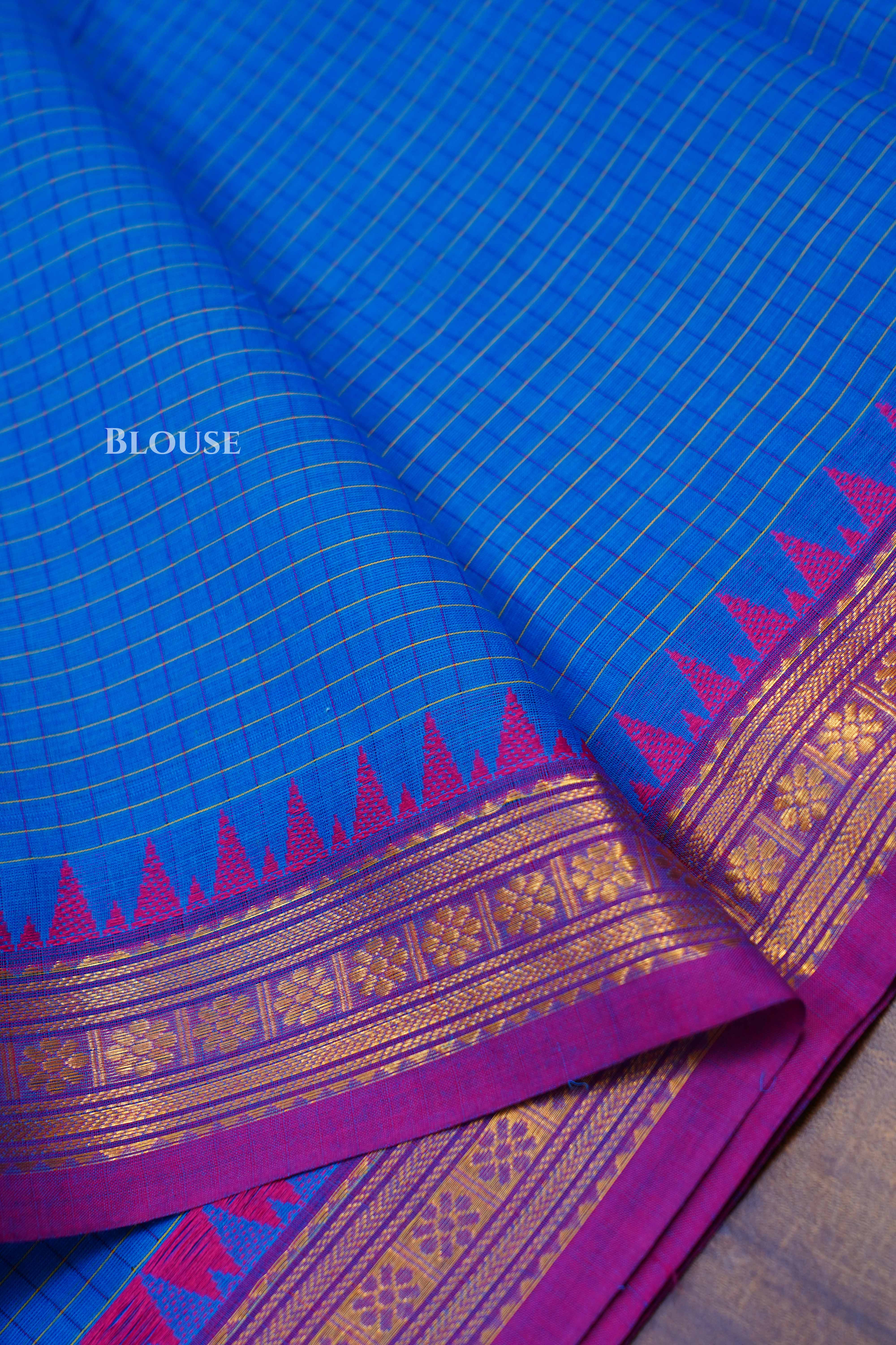 Blue With Dark Pink Kanchi Cotton Saree
