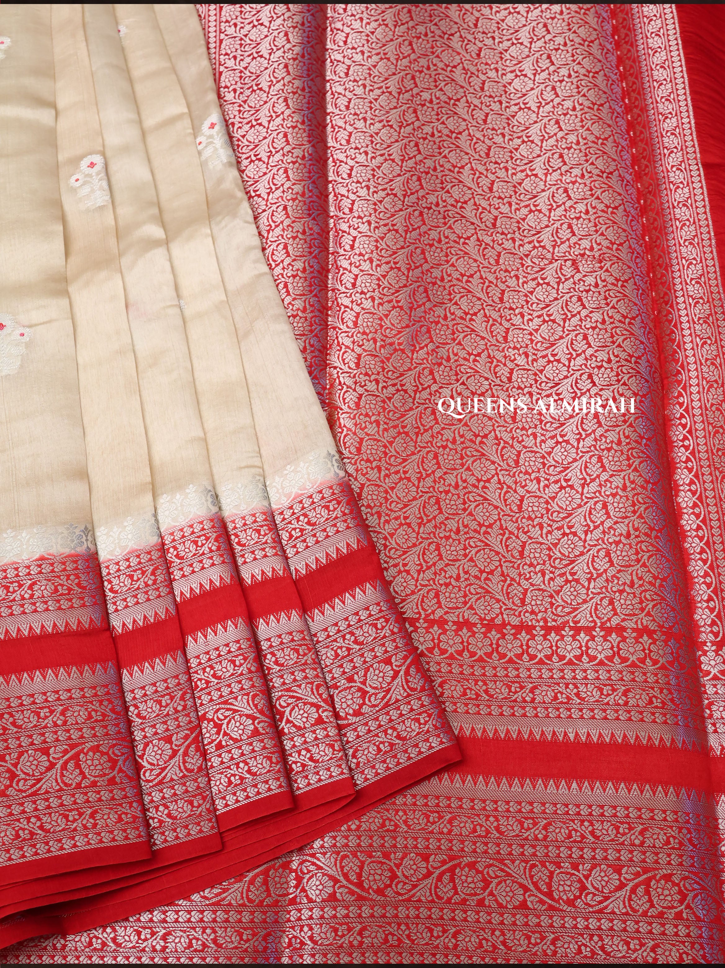 Ivory With Red Semi Banarasi Silk Saree