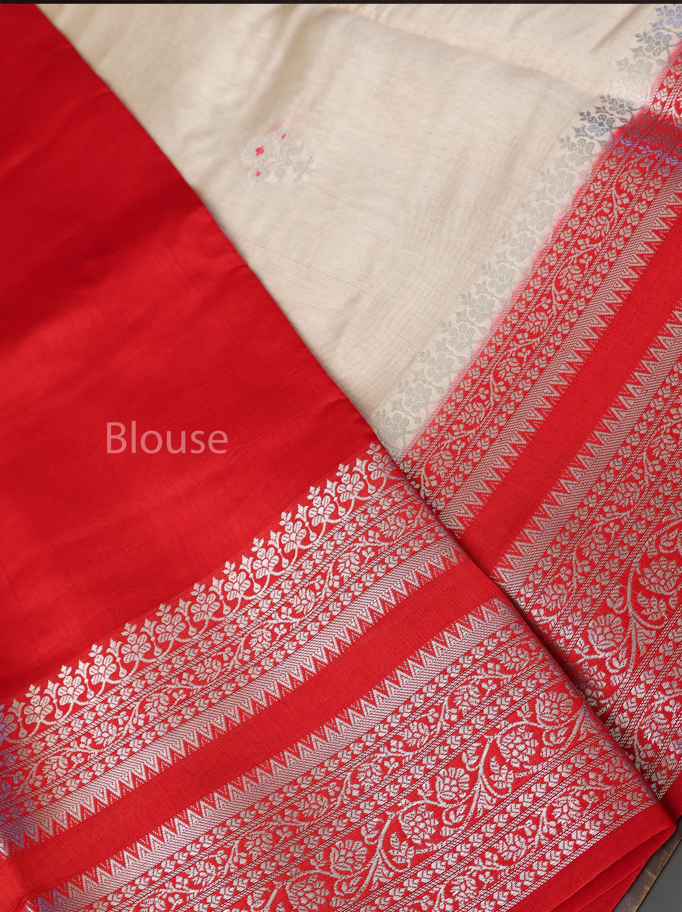 Ivory With Red Semi Banarasi Silk Saree