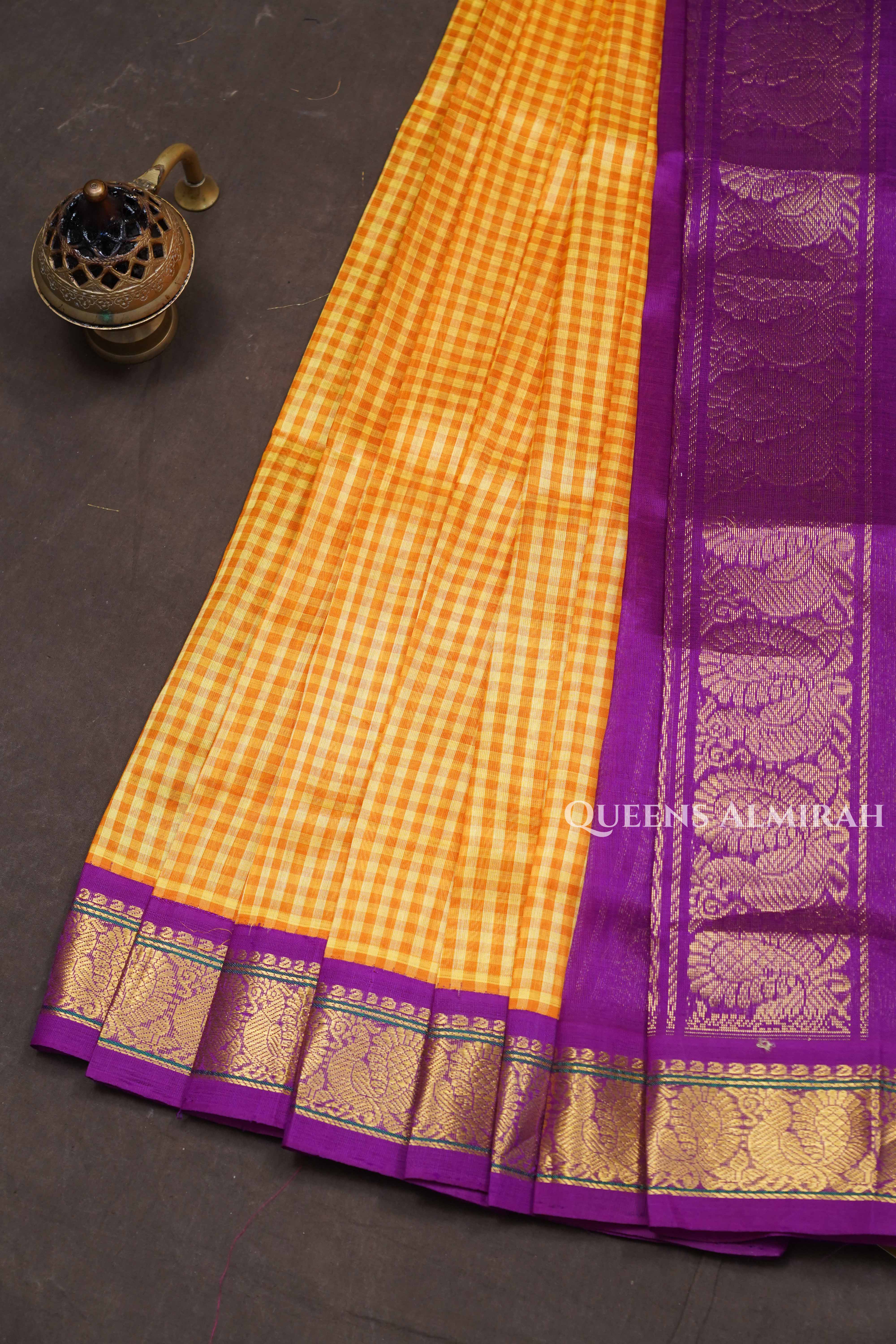 Yellow Checks With Purple Pure Silk Cotton Saree