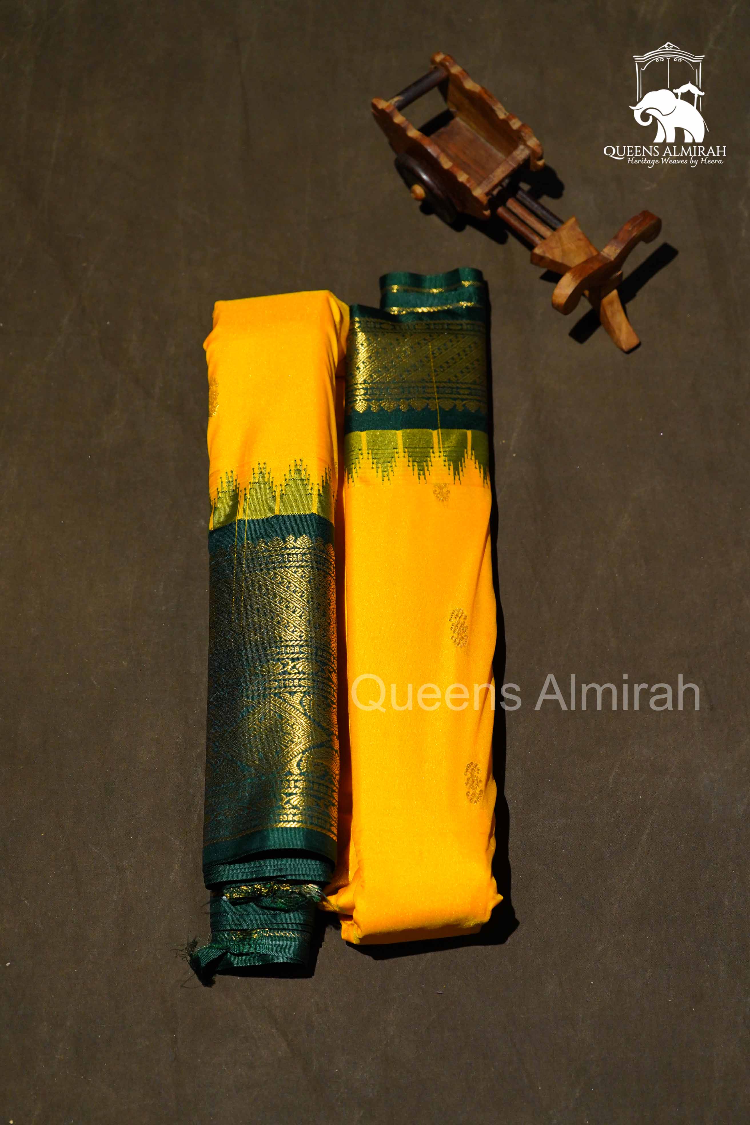 Yellow With Green Border Semi Gadwal Silk Saree
