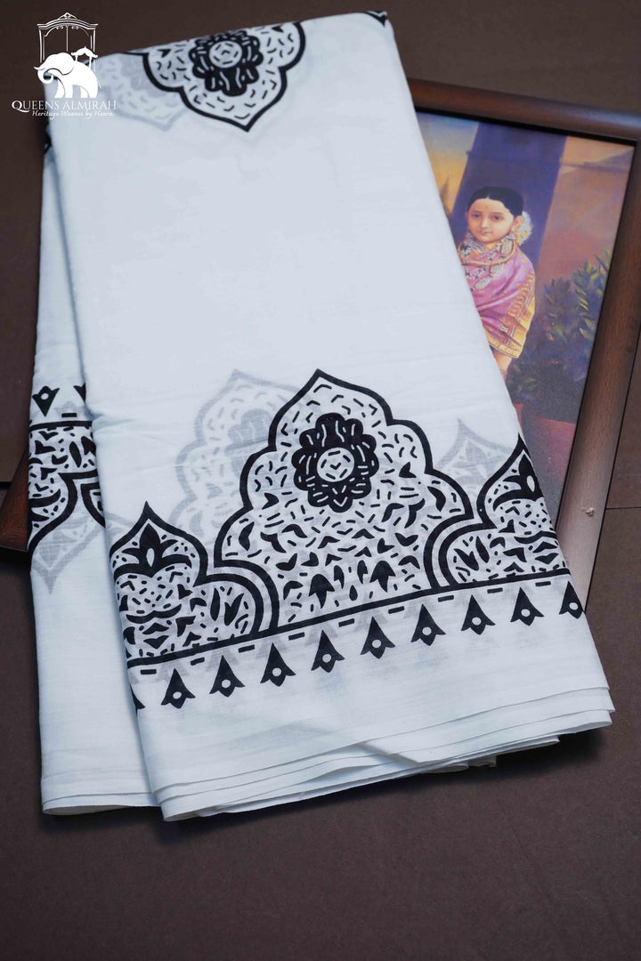 WHITE MULMUL COTTON SAREE  1 - Queens Jewel Emporium