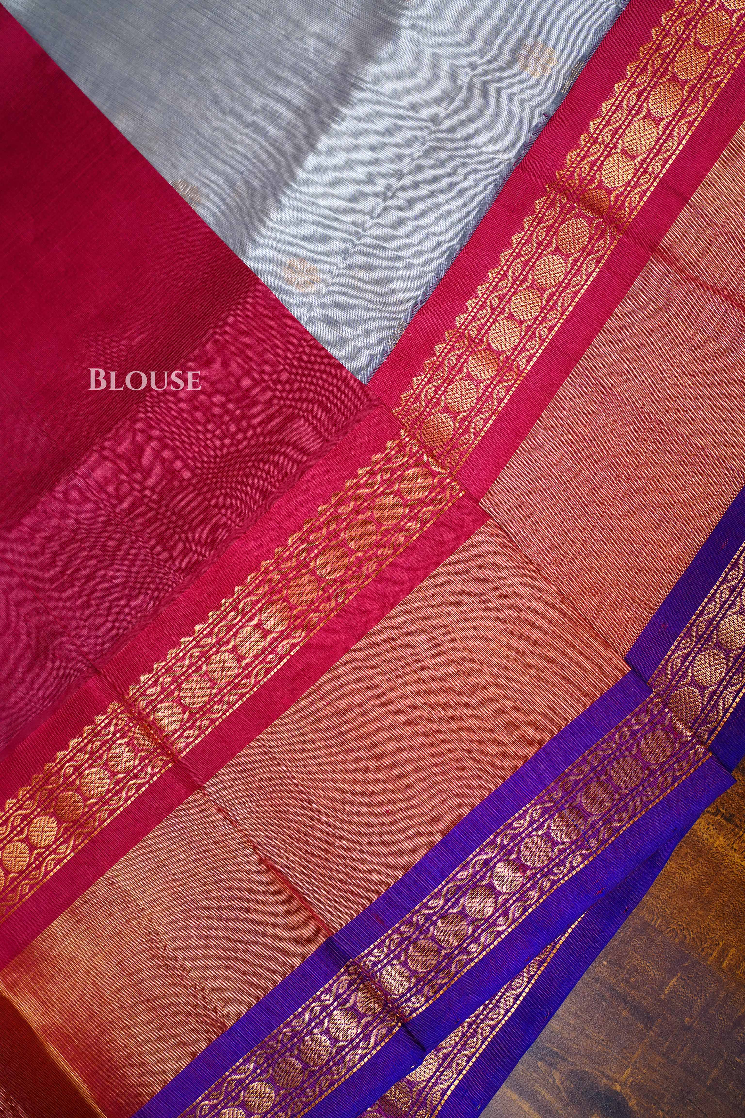 Ash With Red And Purple Pure Kanchi Silk Cotton Saree