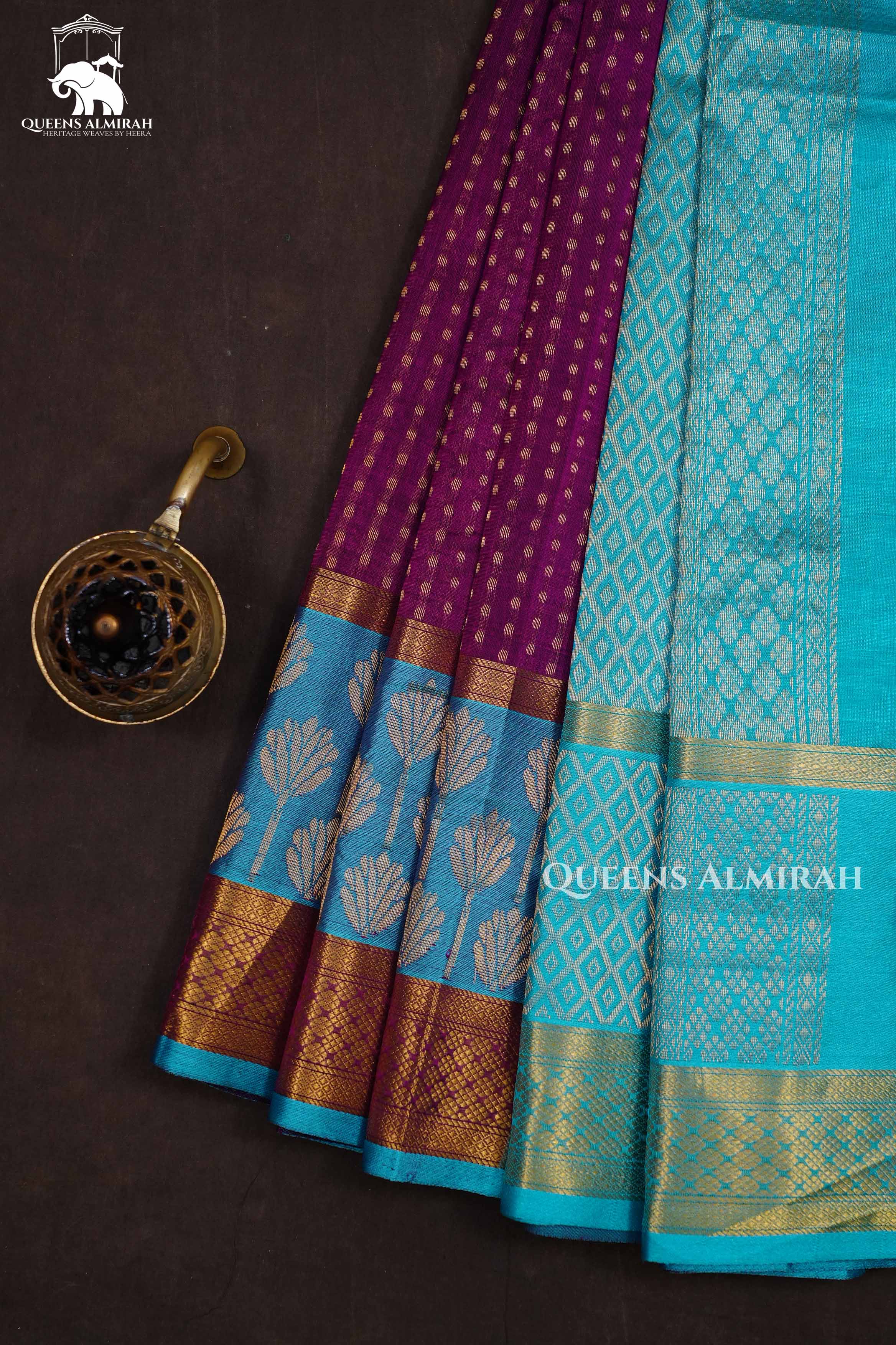 Purple With Tuquoise Blue Pure Kanchi Silk Cotton Saree