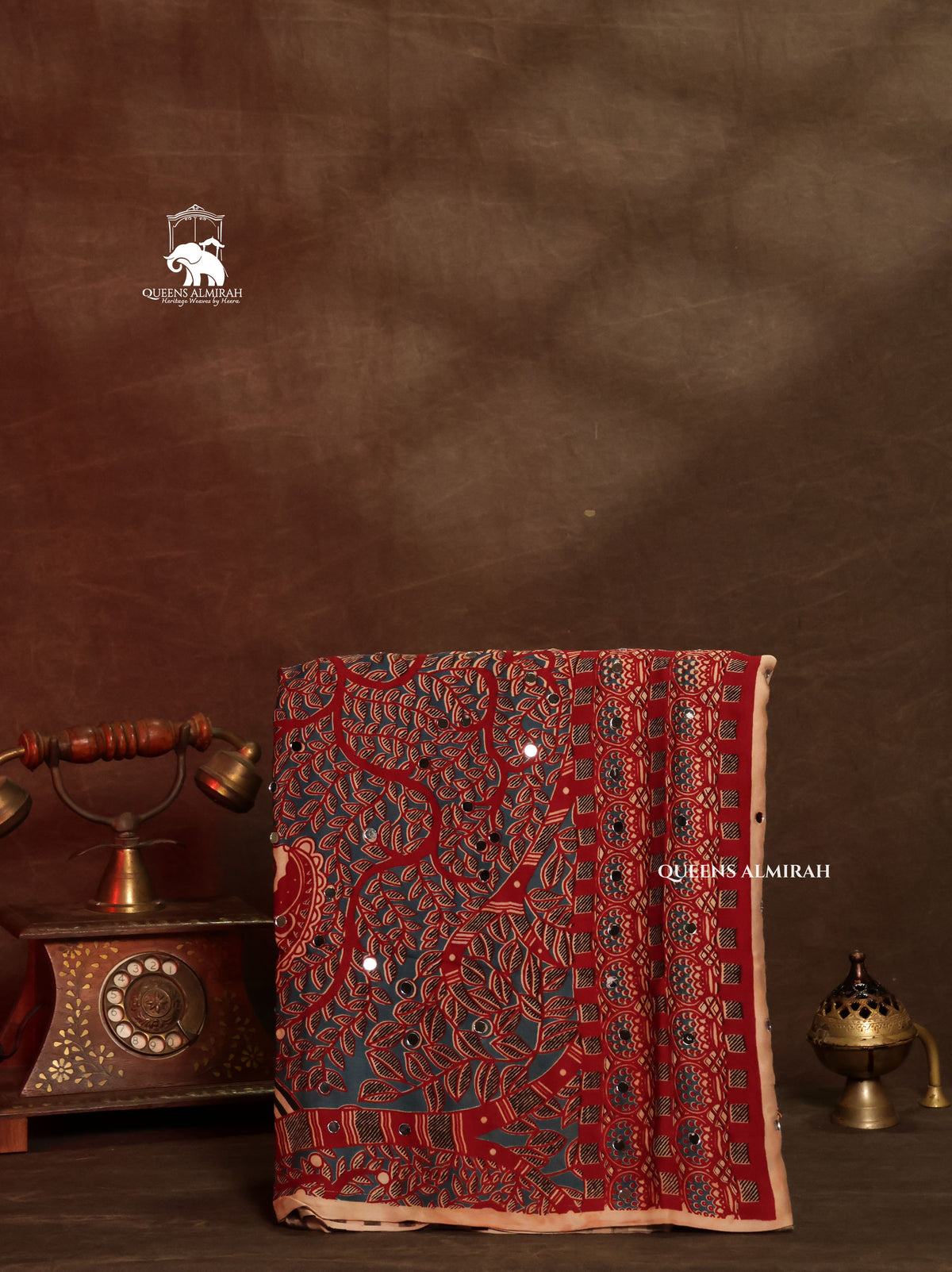 Maroon Ajrakh Mirror Work Modal Silk Saree