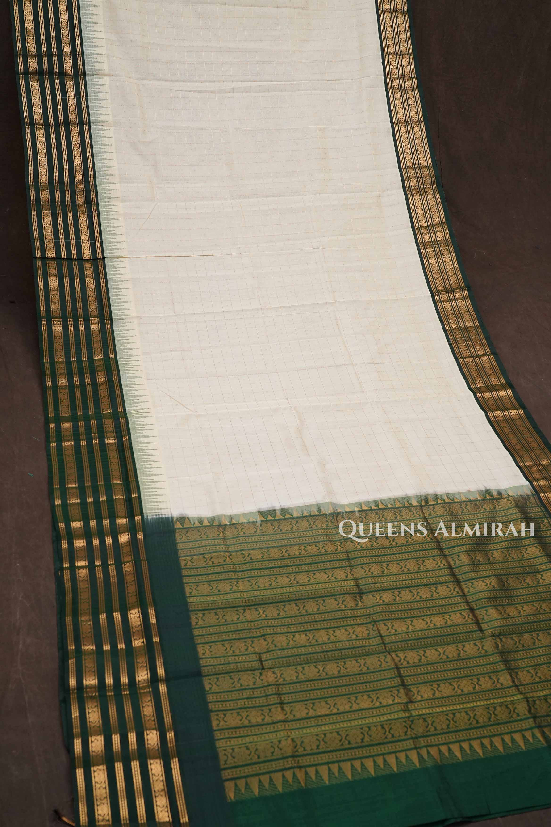 White With Dark Green Pure Silk Cotton Saree