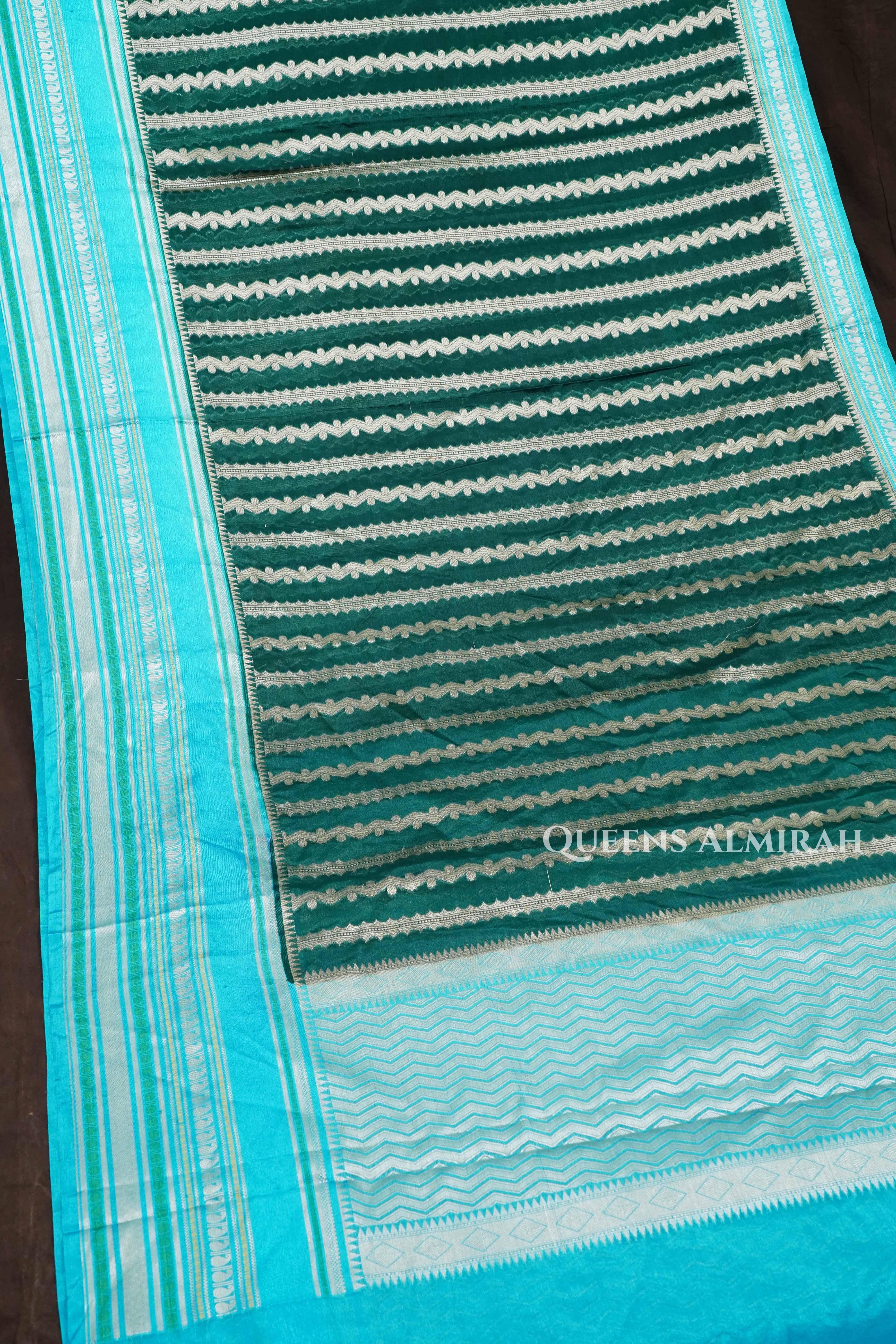 Green With Sky Blue Semi Banarasi Silk Saree