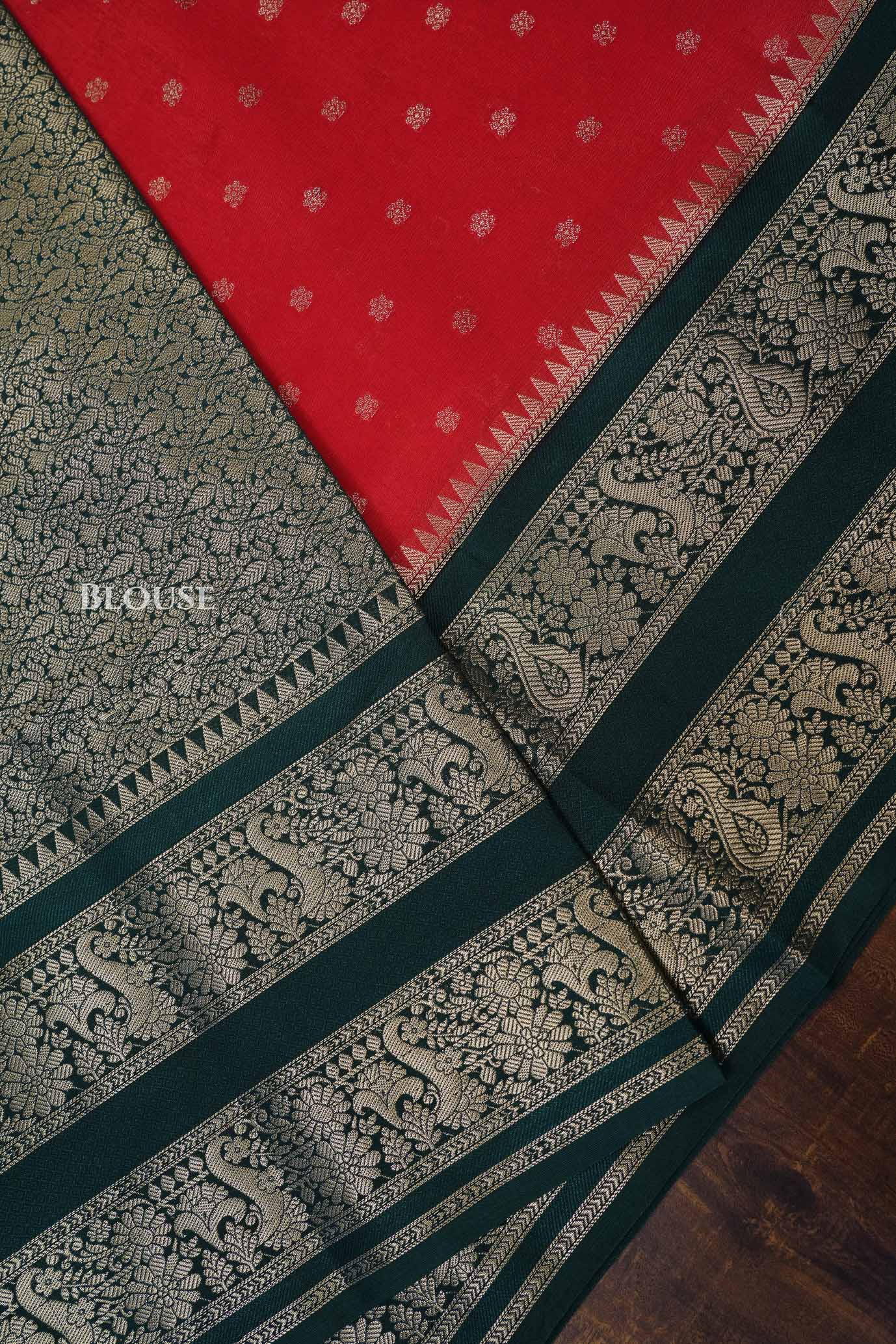 Red With Green Semi Banarasi Katan Soft Silk Saree
