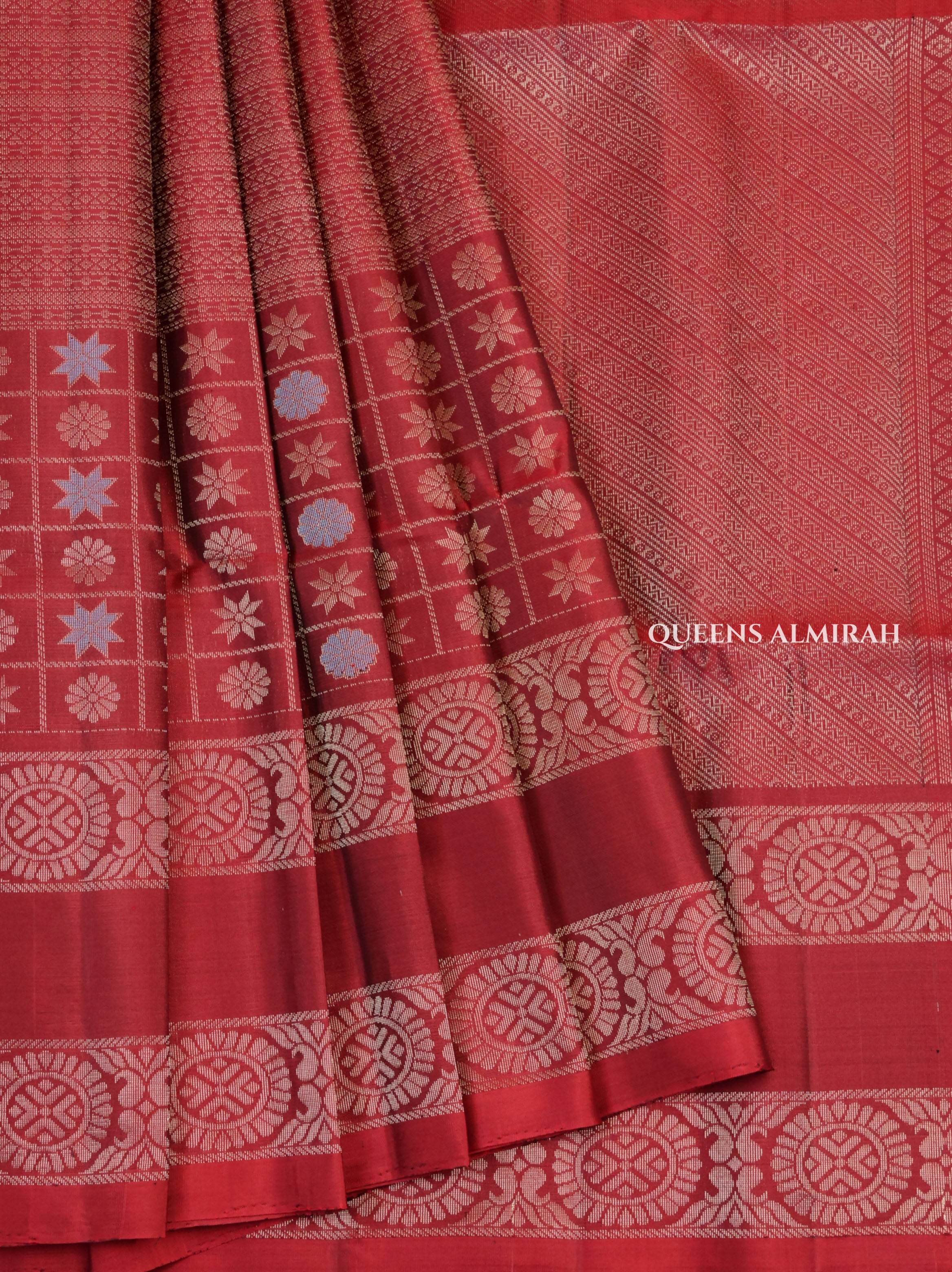 Maroon Athangudi Inspired Pure Soft Silk Saree
