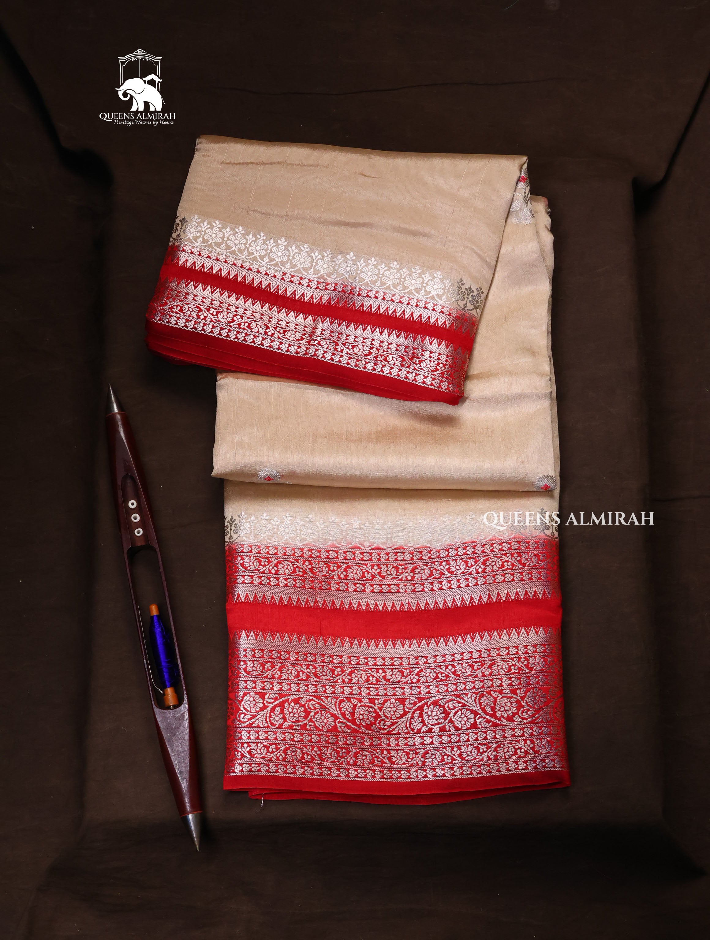 Ivory Red Semi Banarasi Silk Saree