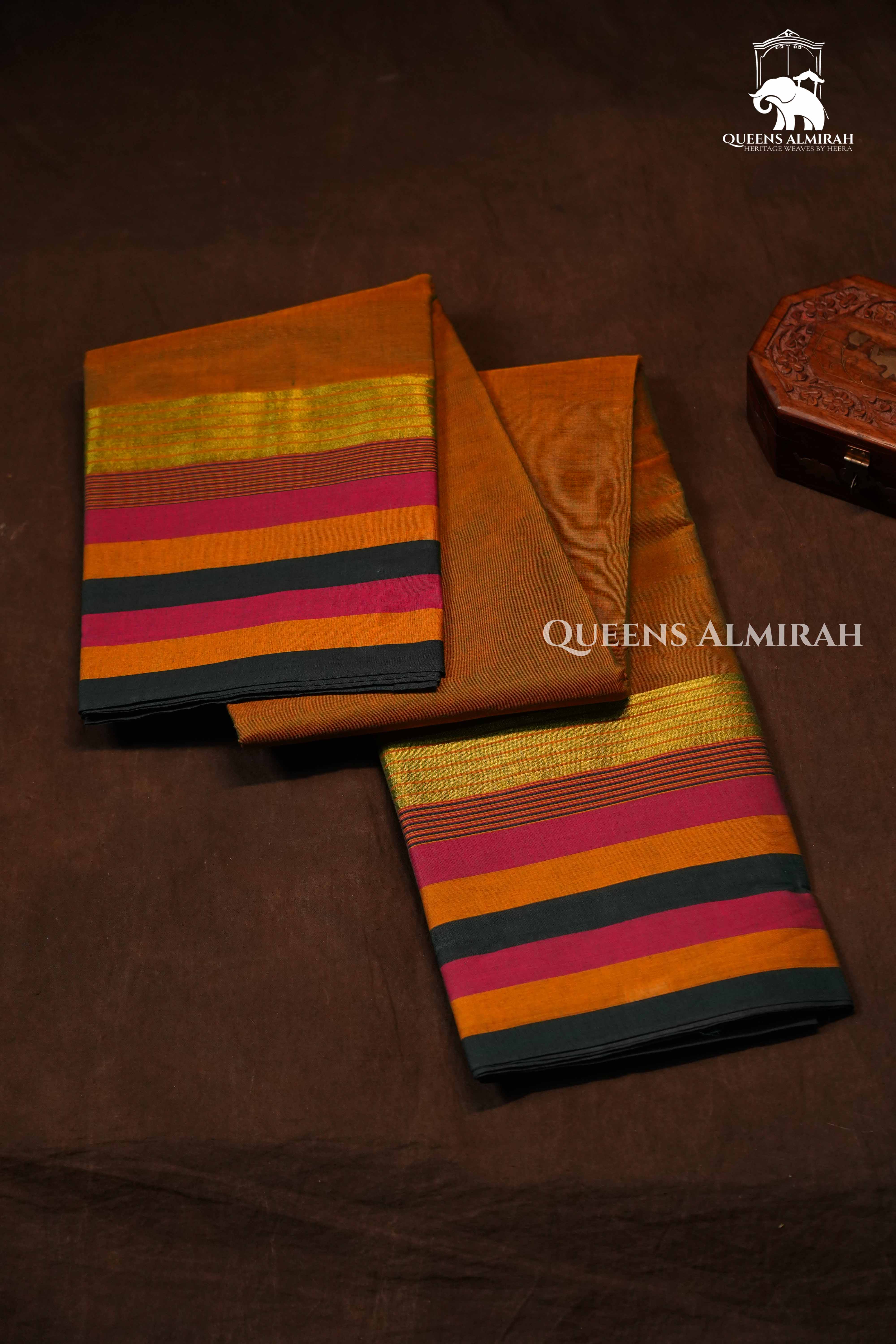 Brown With Multi Color Border  Chettinad Cotton Saree