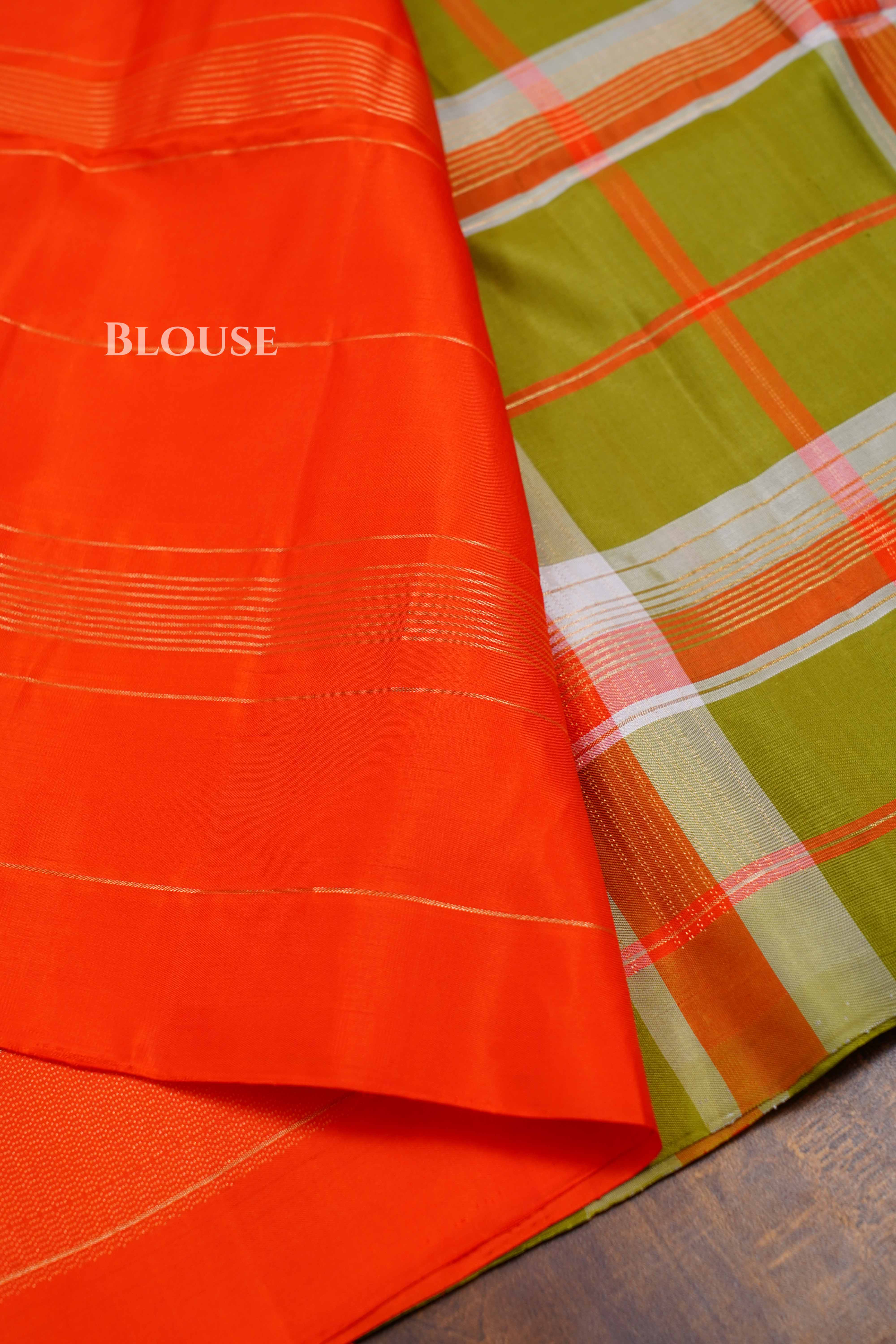 Green With Orange Pure Soft Silk Saree