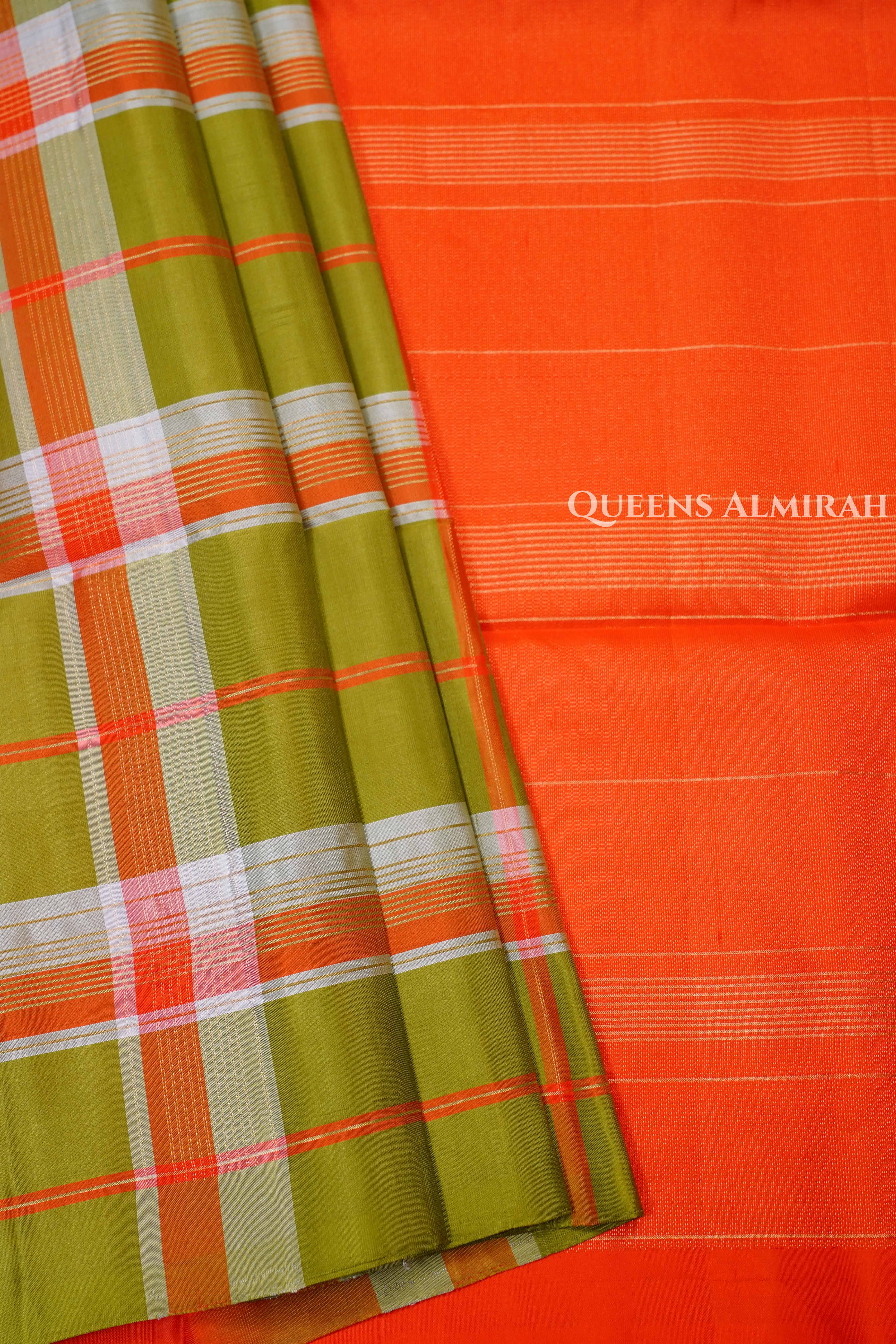 Green With Orange Pure Soft Silk Saree