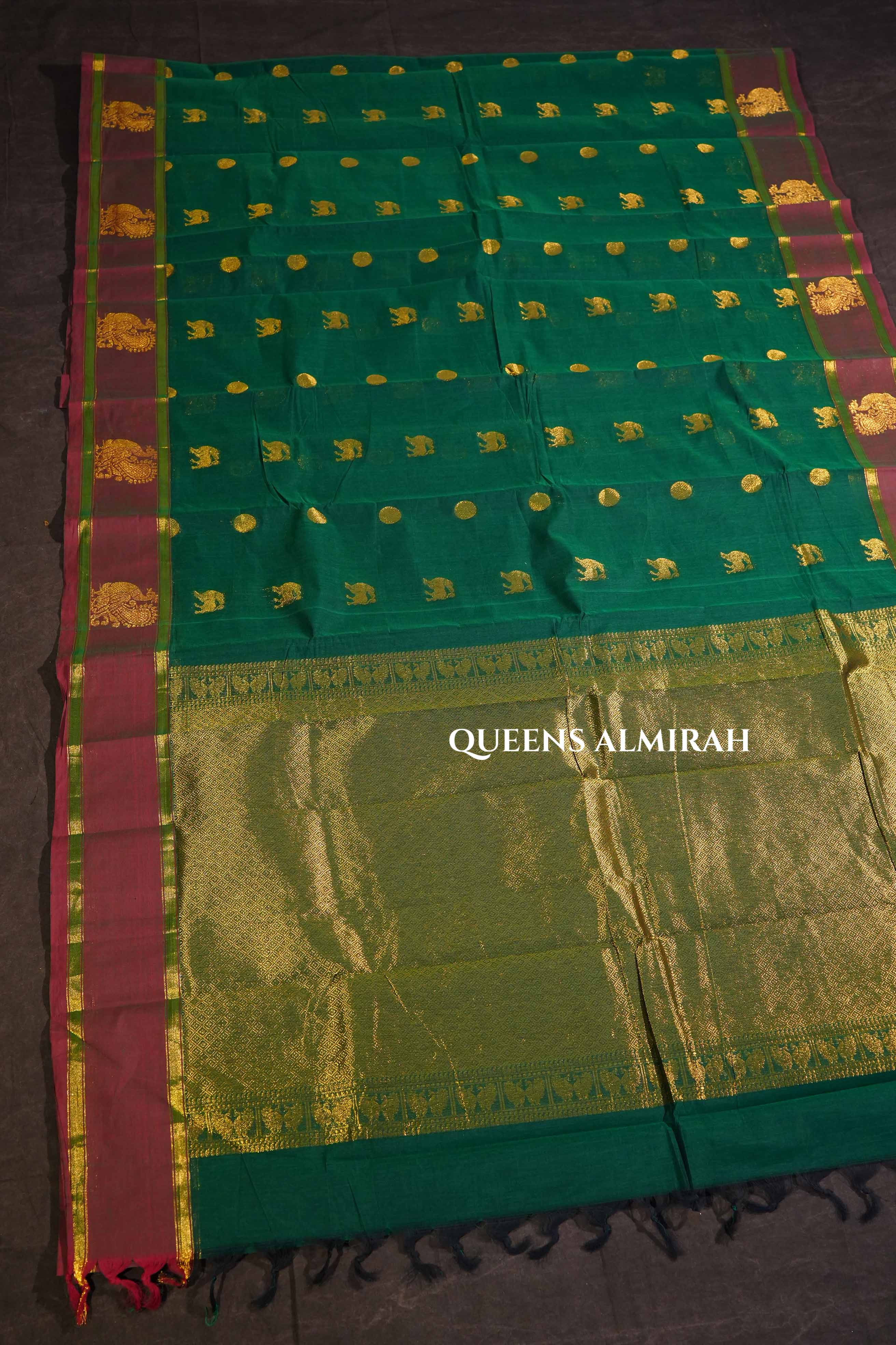Dark Green With Brown Peacocok Border Kanchi Cotton Saree