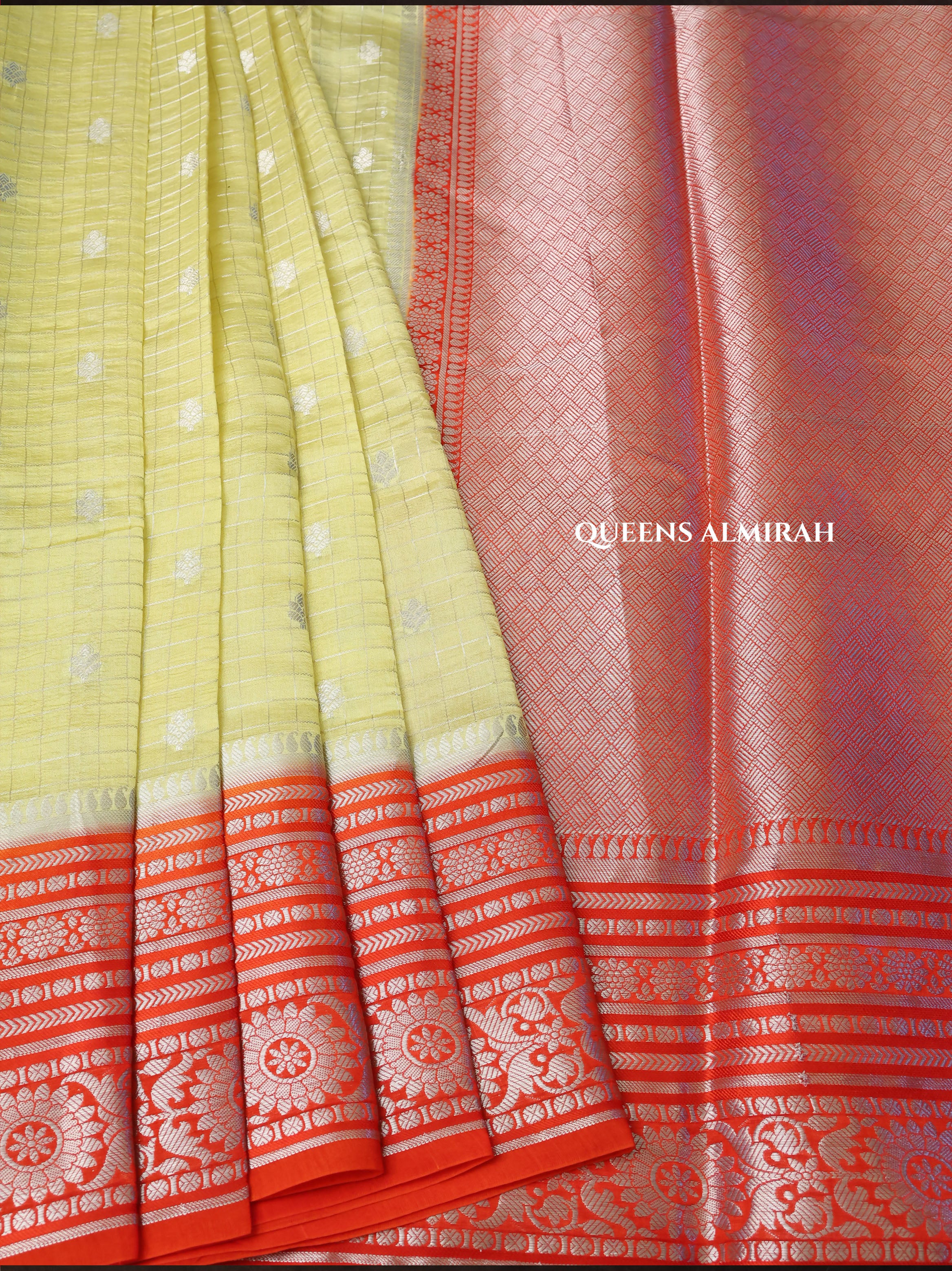 Lime Yellow Kattam Butta With Orange Semi Banarasi Silk Saree