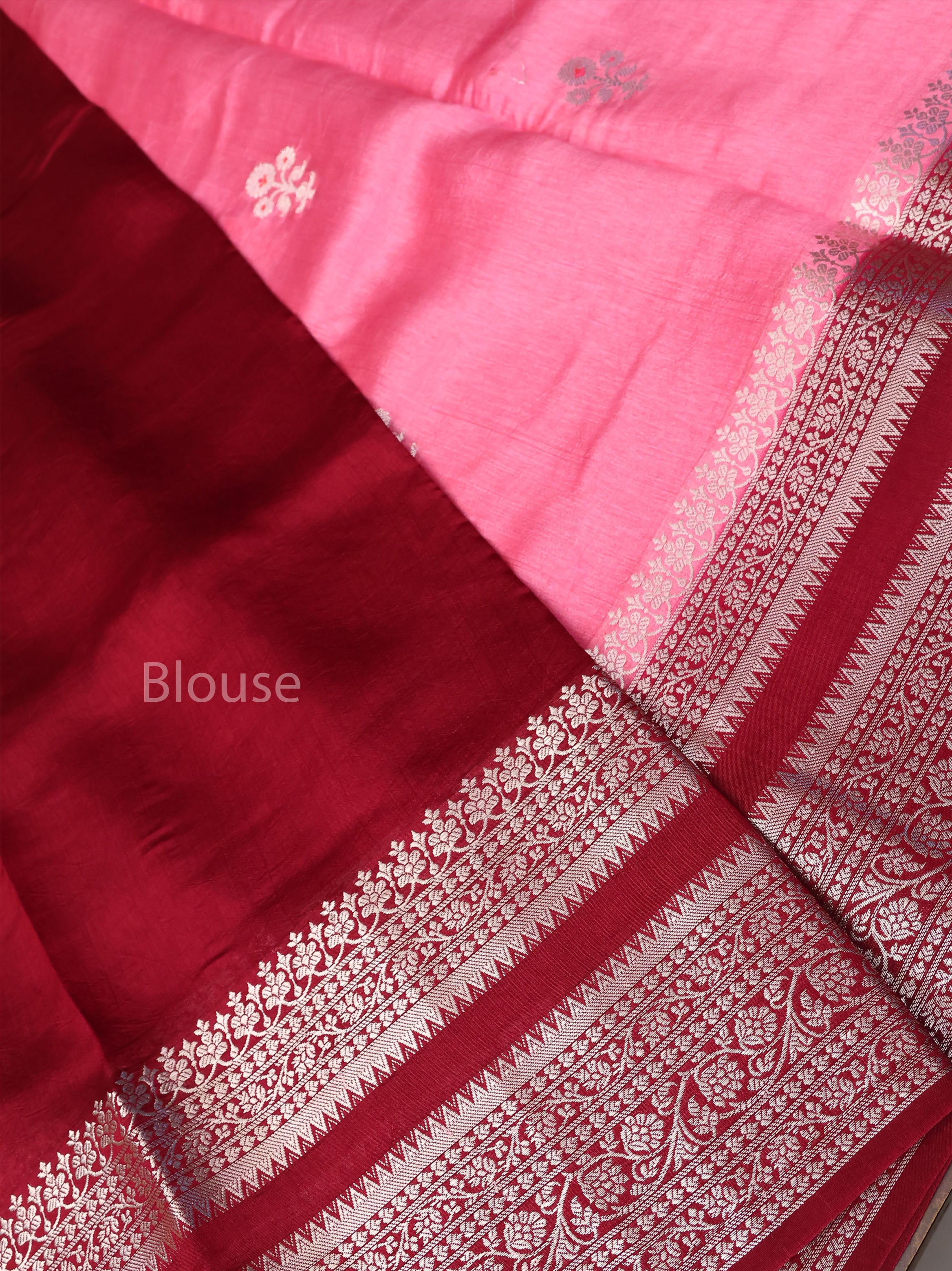 Pink With Maroon Semi Banarasi Silk Saree