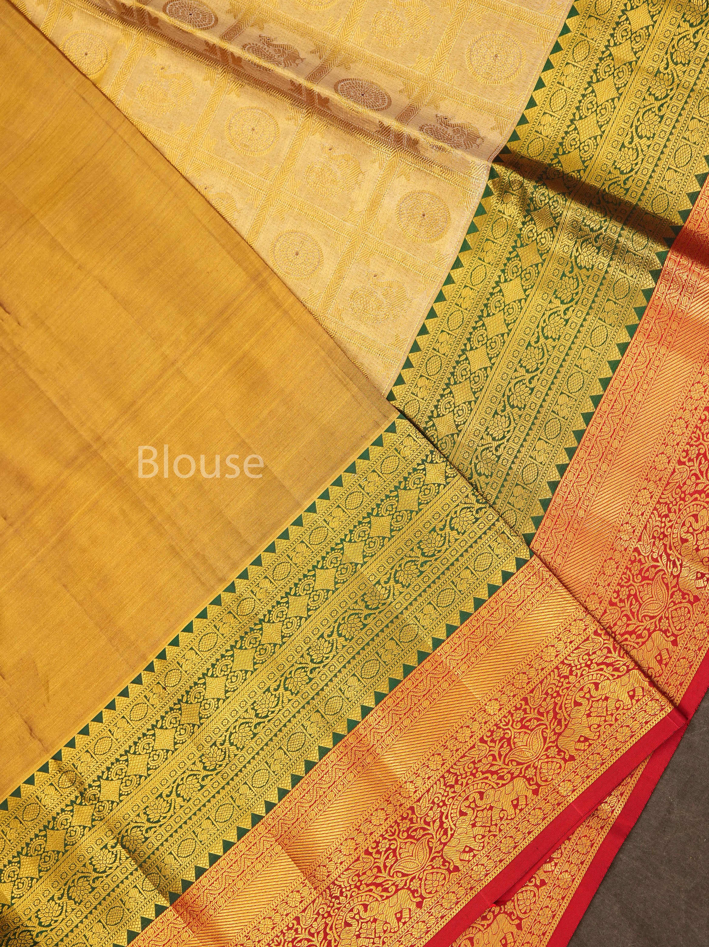 Golden With Red And Green Pure Kanchivaram Silk Saree
