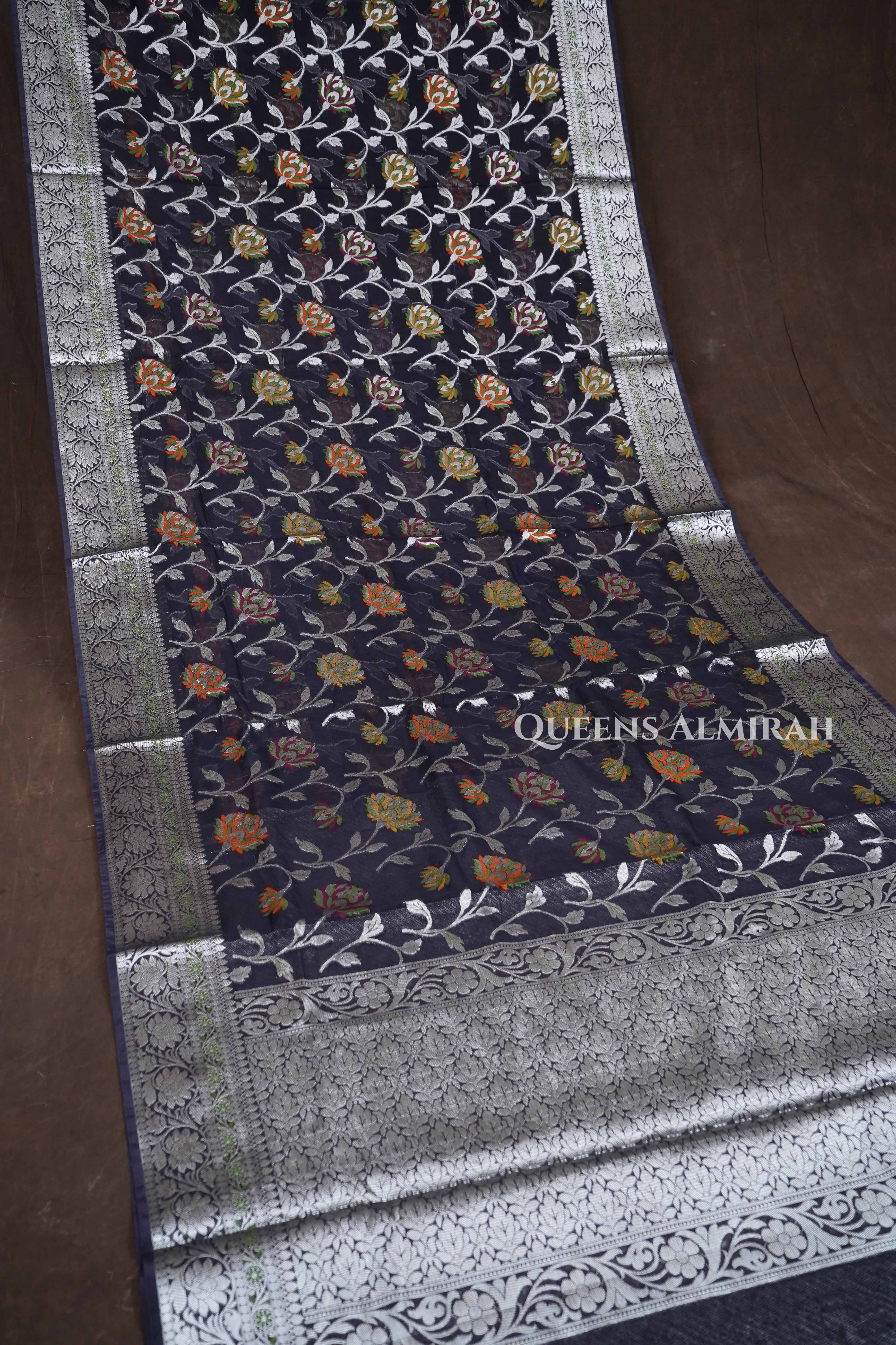 Black Semi Banarasi Silk Saree