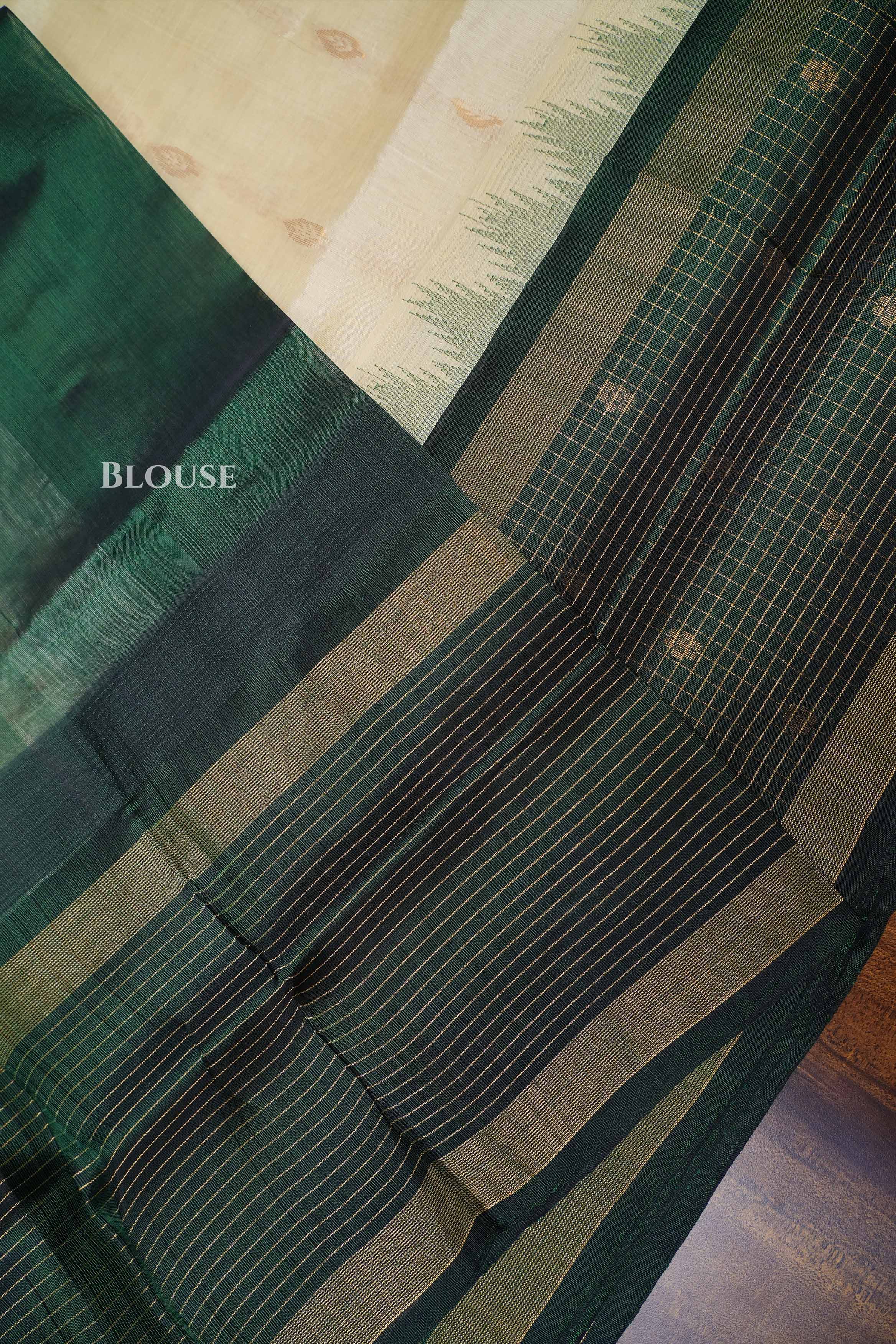 White With Dark Green Pure Kanchi Silk Cotton Saree