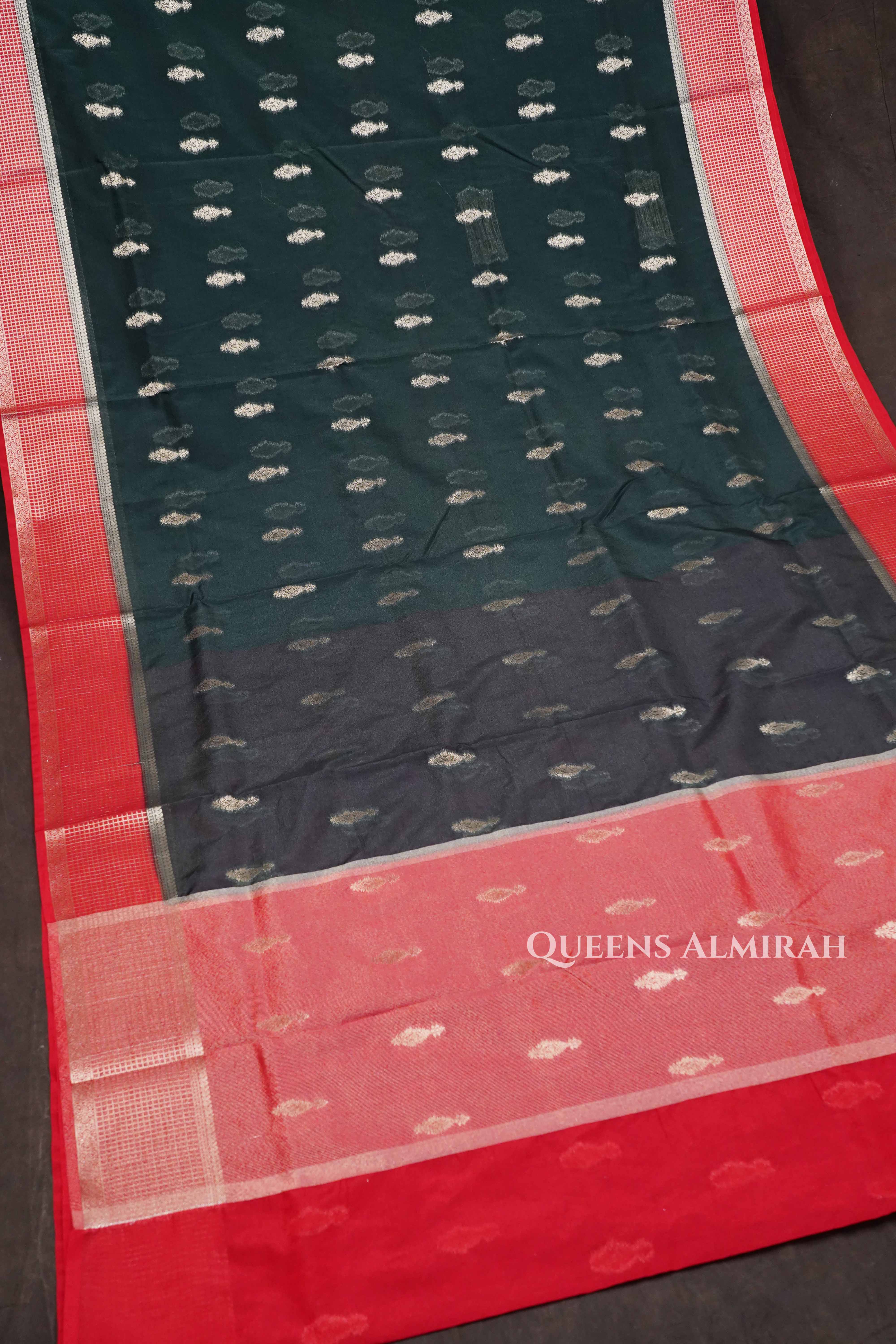 Dark Green With Red Semi Banarasi Silk Saree