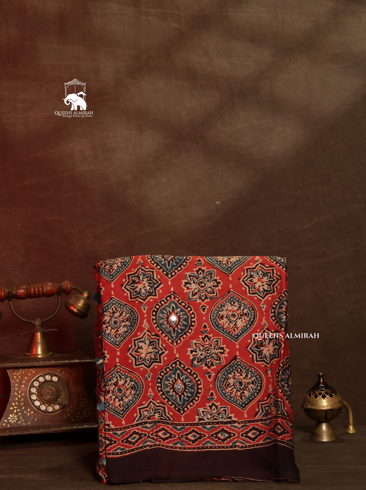 Brick Red Ajrakh Mirror Work Modal Silk Saree