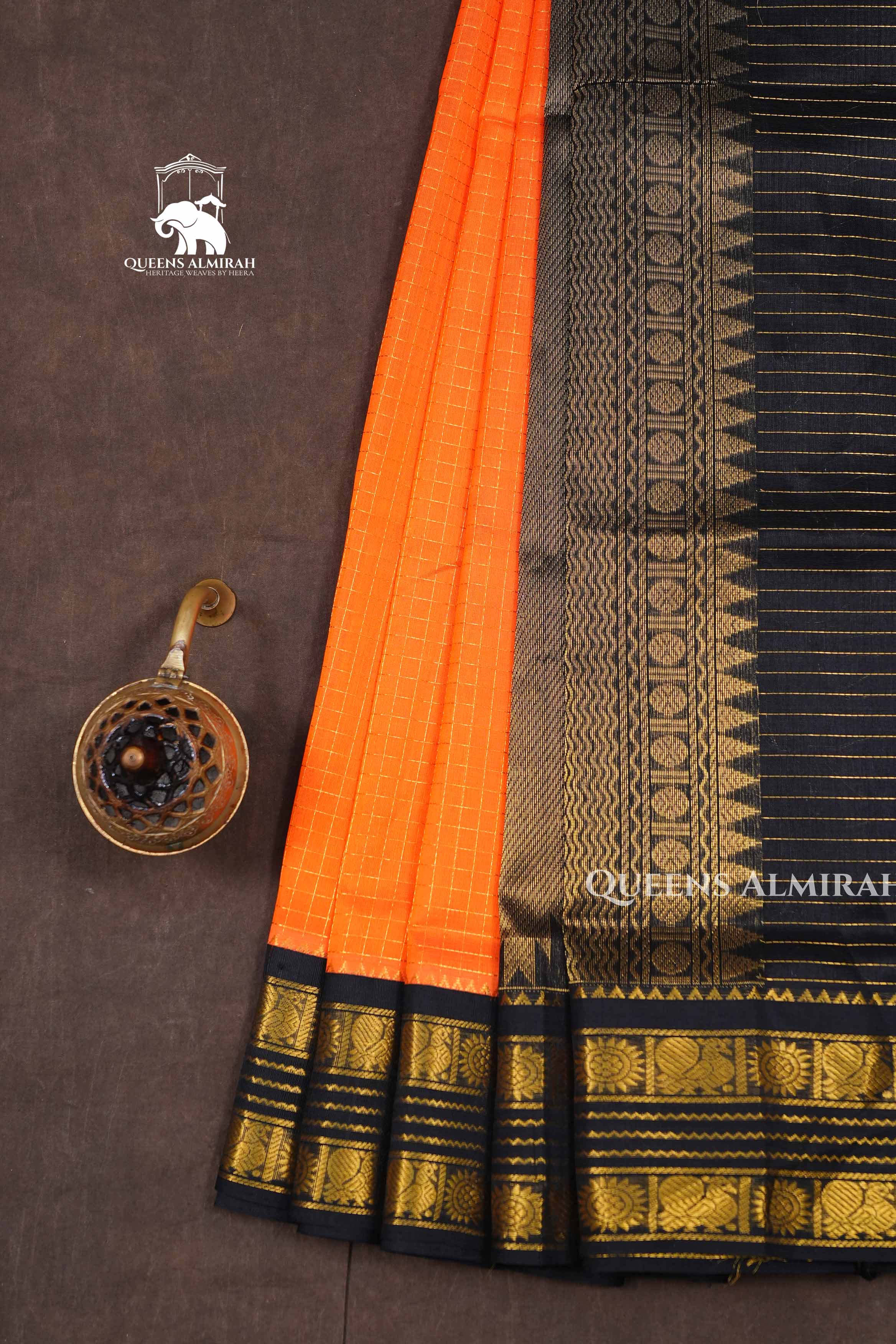 Orange With Black Pure Kanchi Silk Cotton Saree