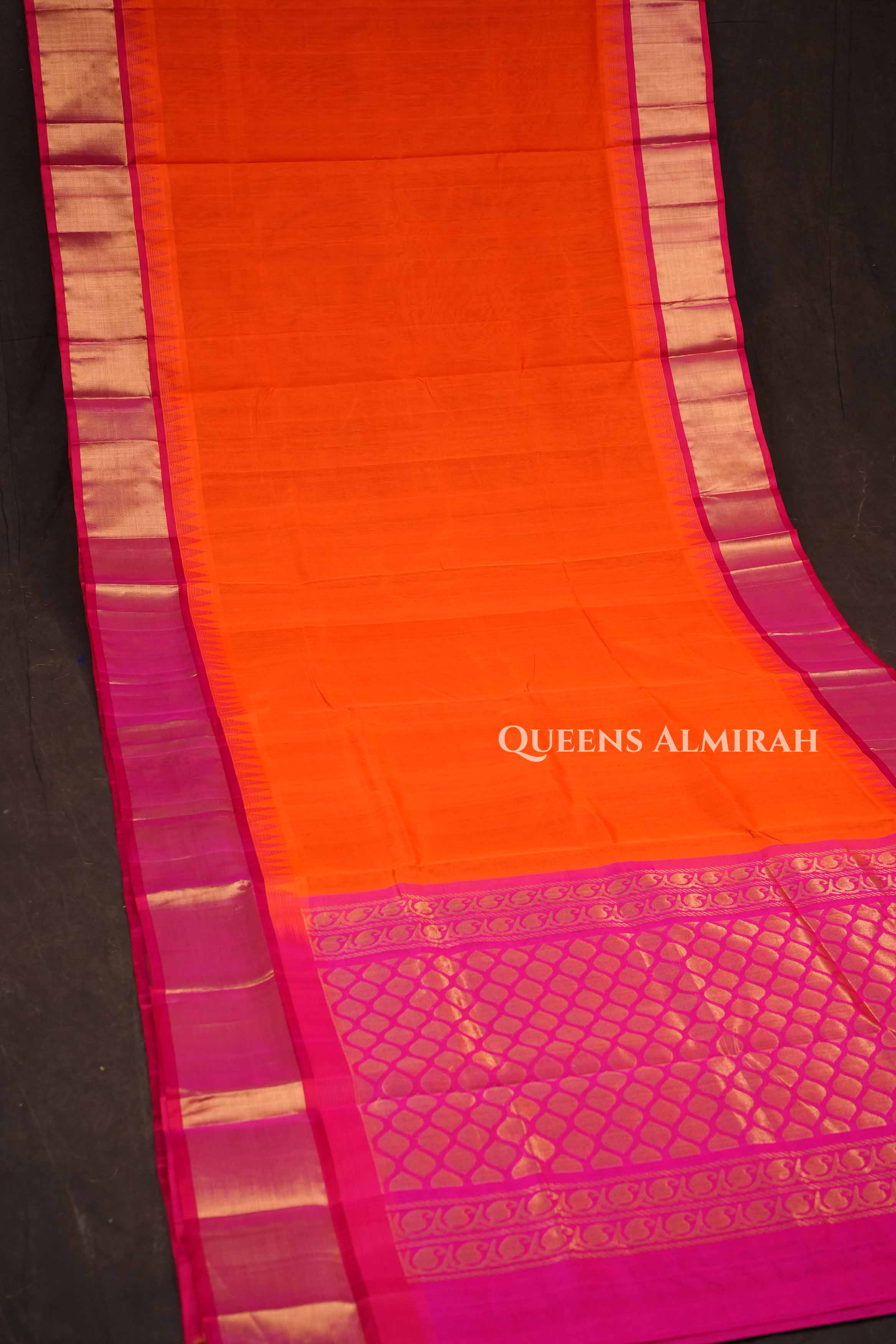 Orange With Rani Pink Pure Kanchi Silk Cotton Saree