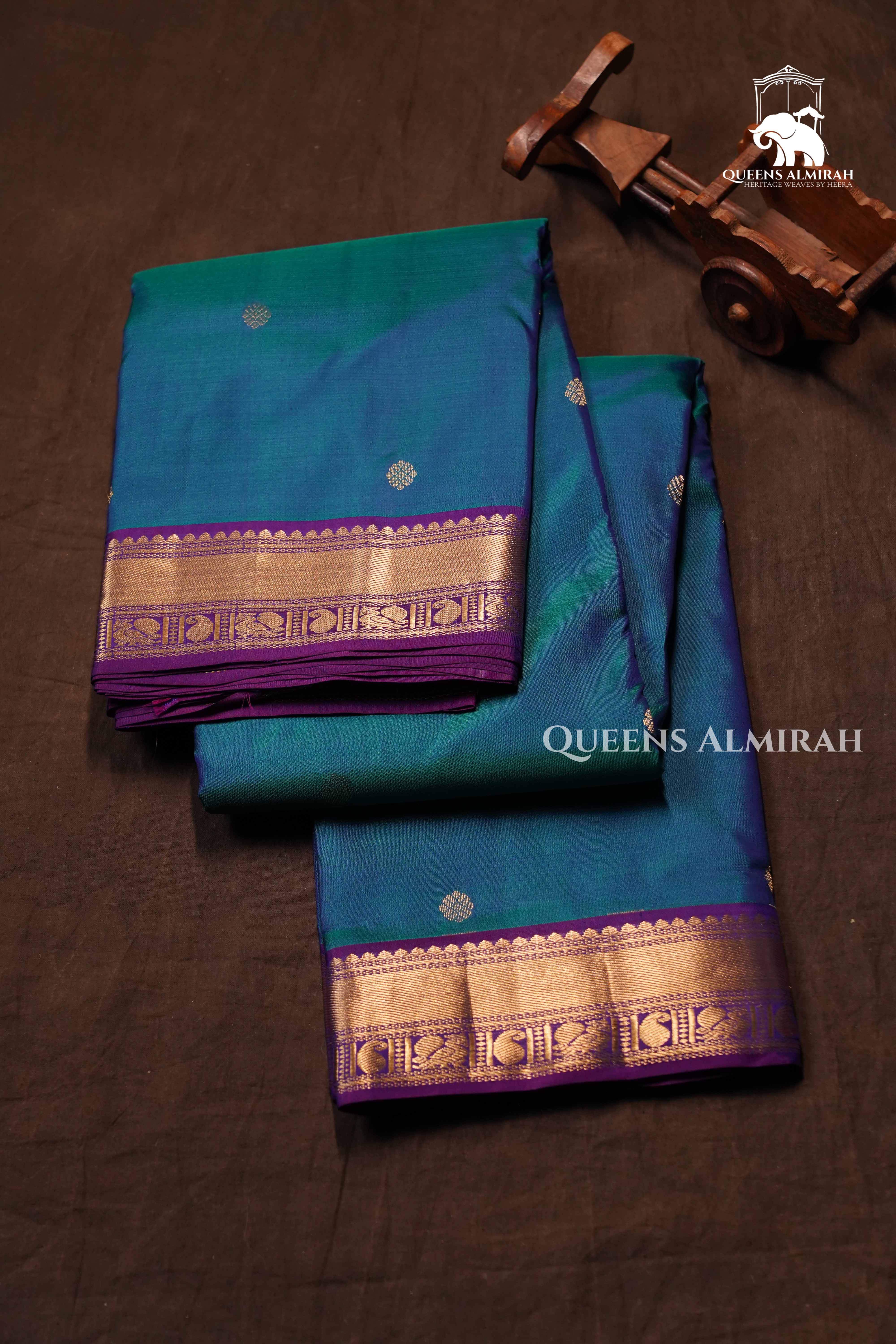 Teal Blue With Purple Pure Kanchivaram Silk Saree