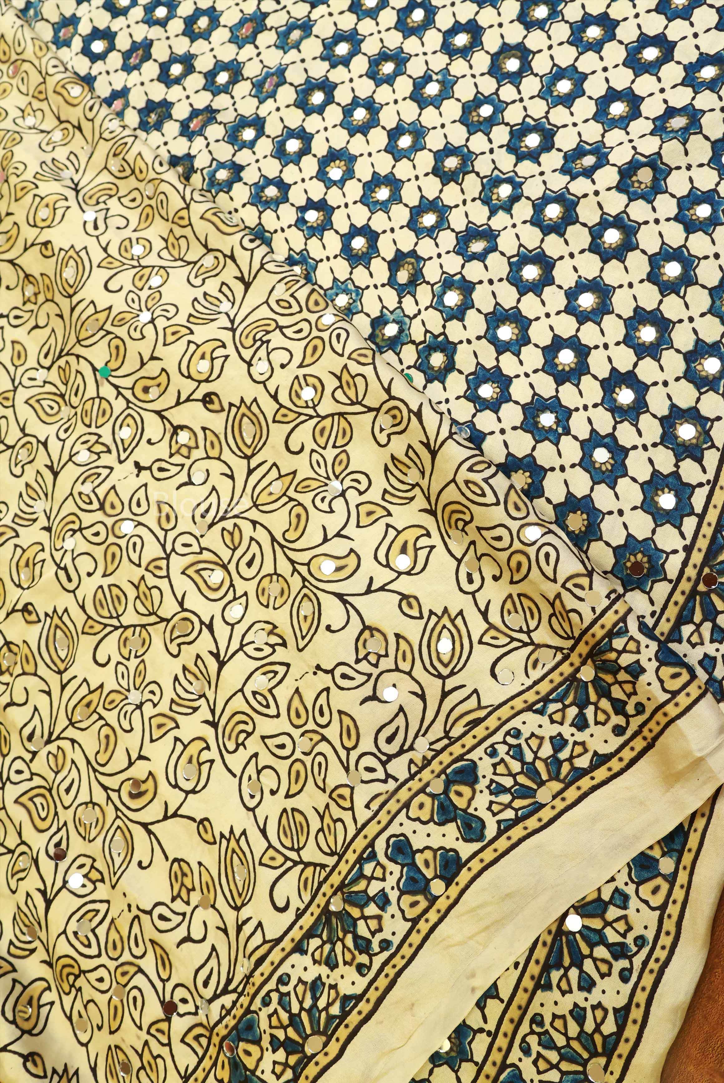 Off White Floral Motif Mirror Work Ajrakh Modal Silk Saree