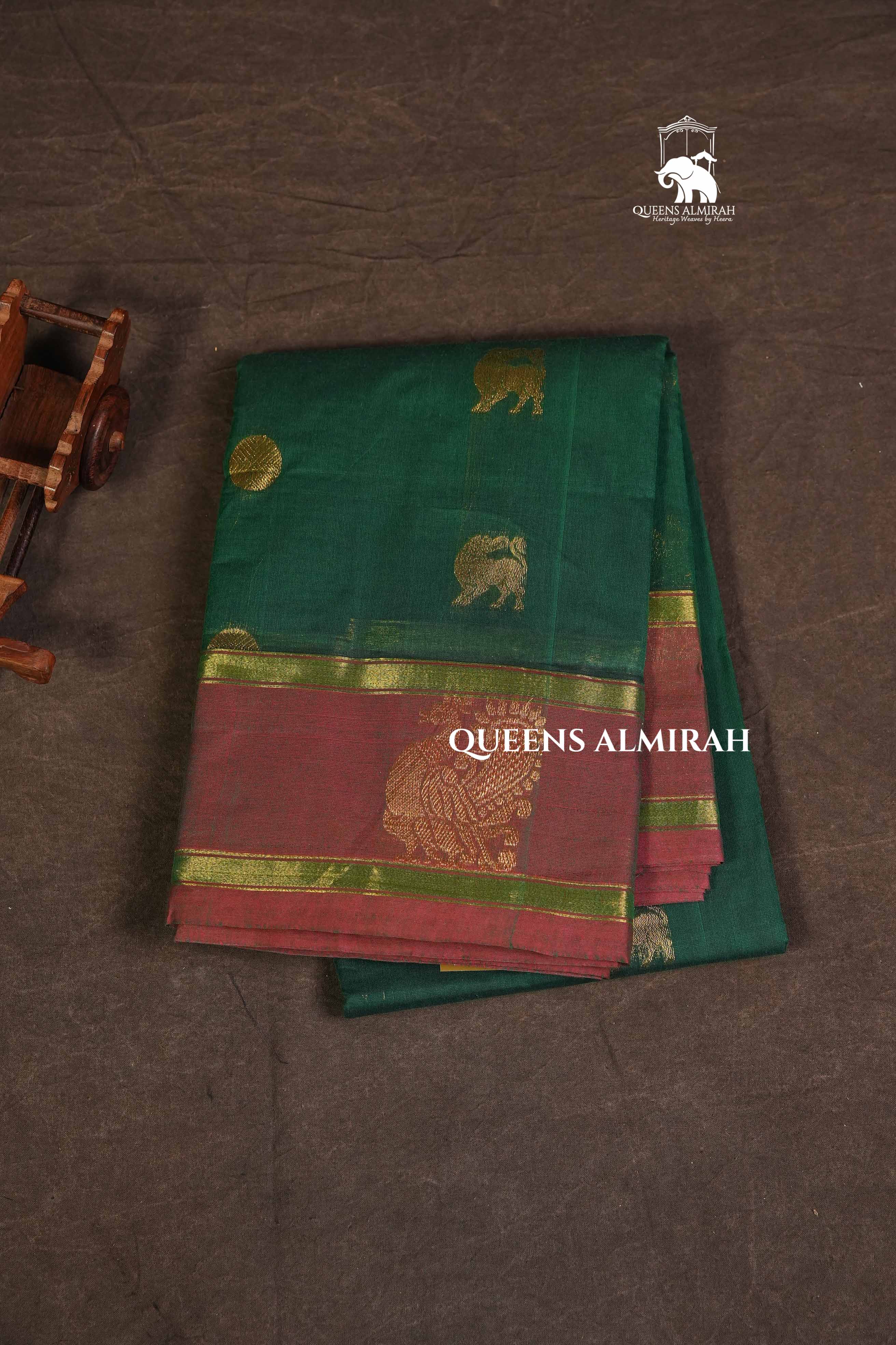 Dark Green With Brown Peacocok Border Kanchi Cotton Saree