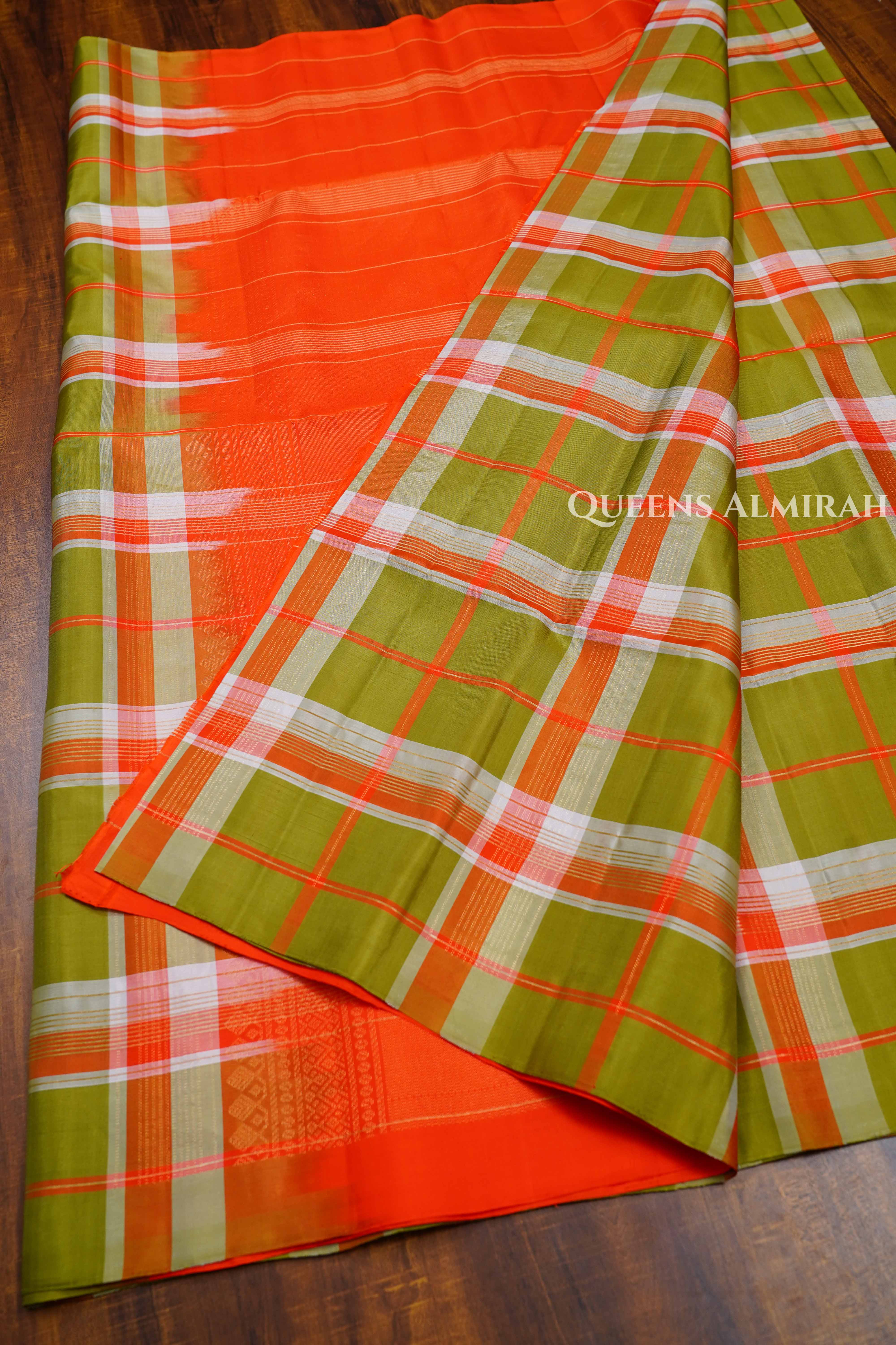 Green With Orange Pure Soft Silk Saree