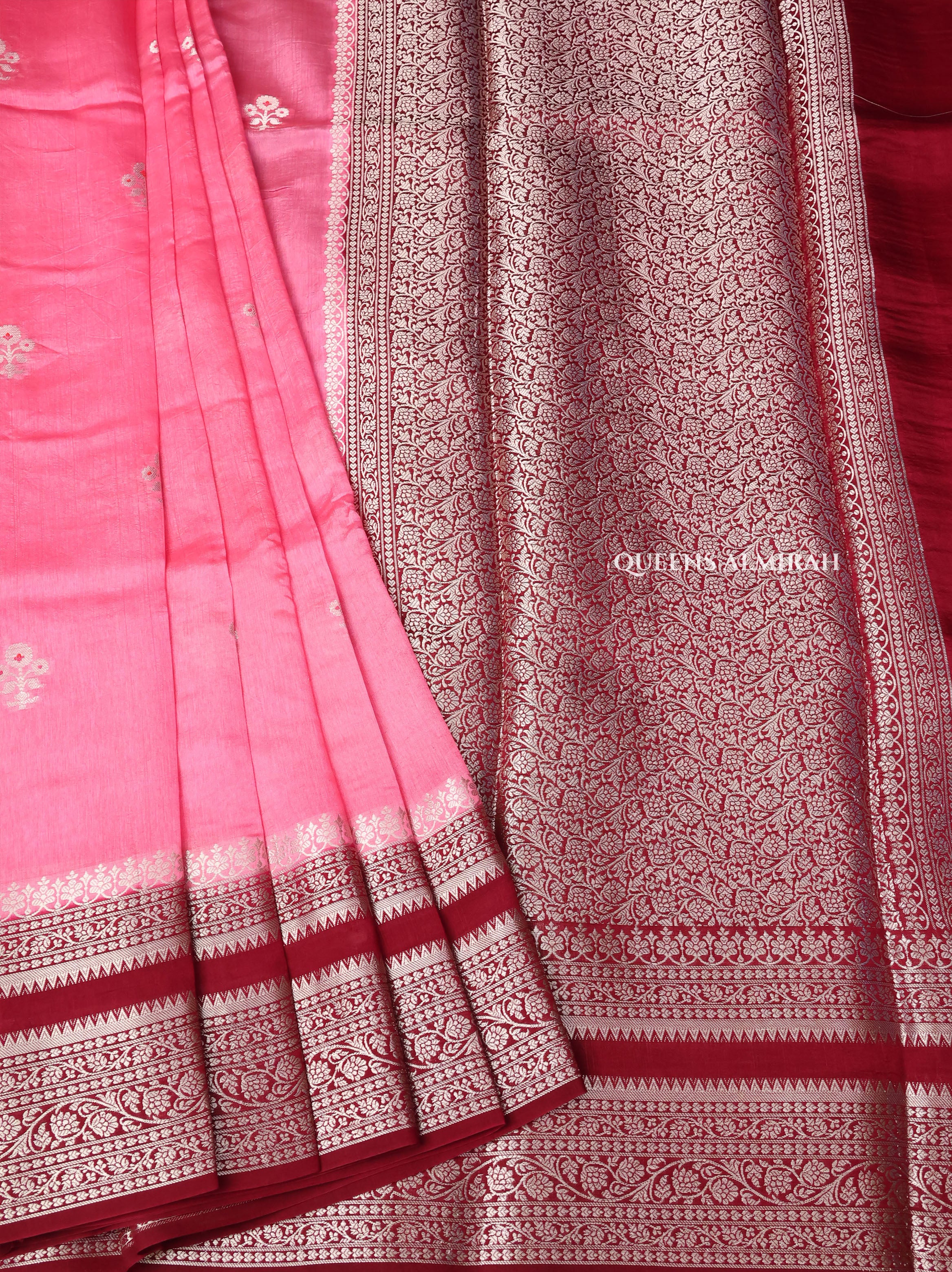 Pink With Maroon Semi Banarasi Silk Saree