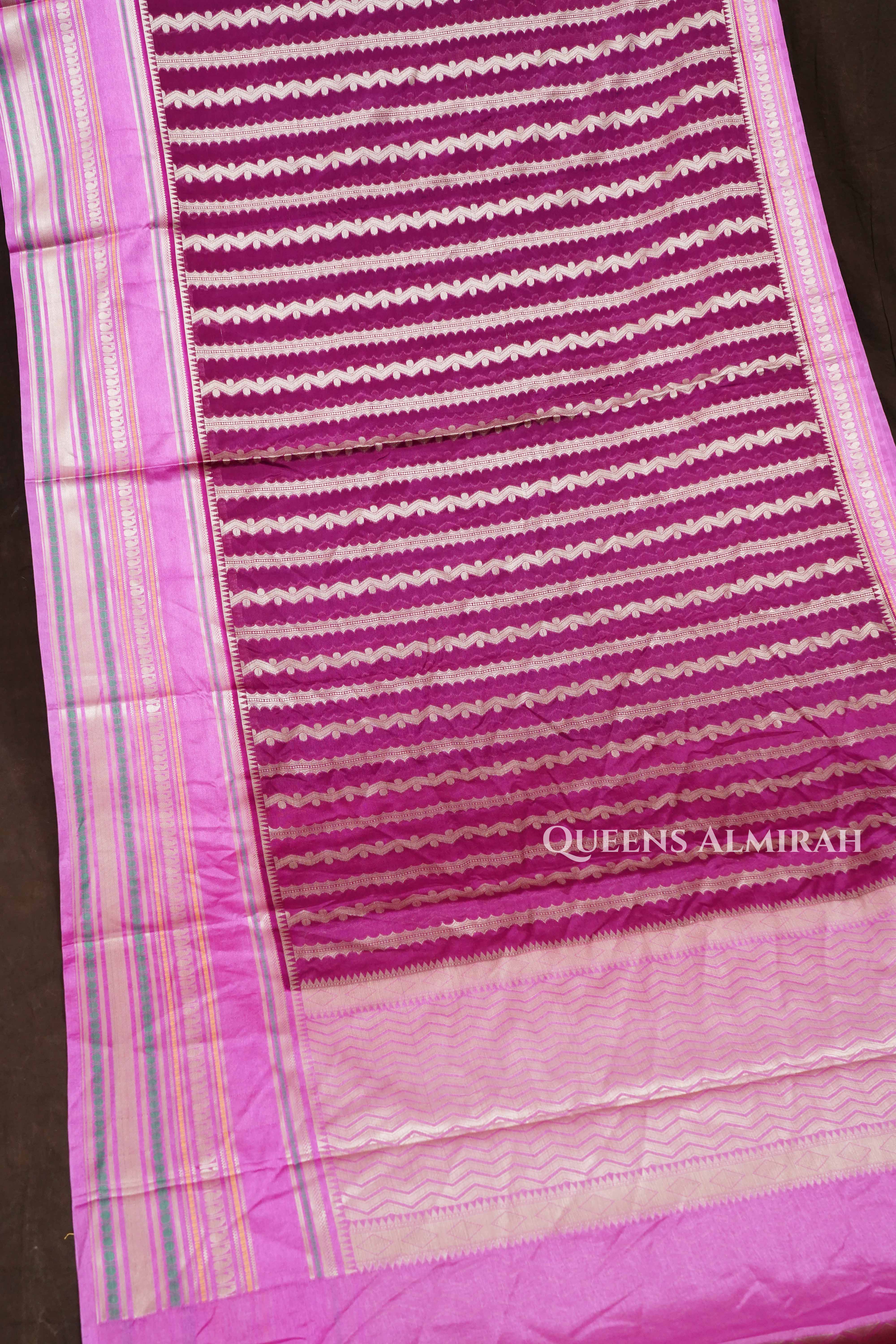 Purple With Pink Border Semi Banarasi Silk Saree
