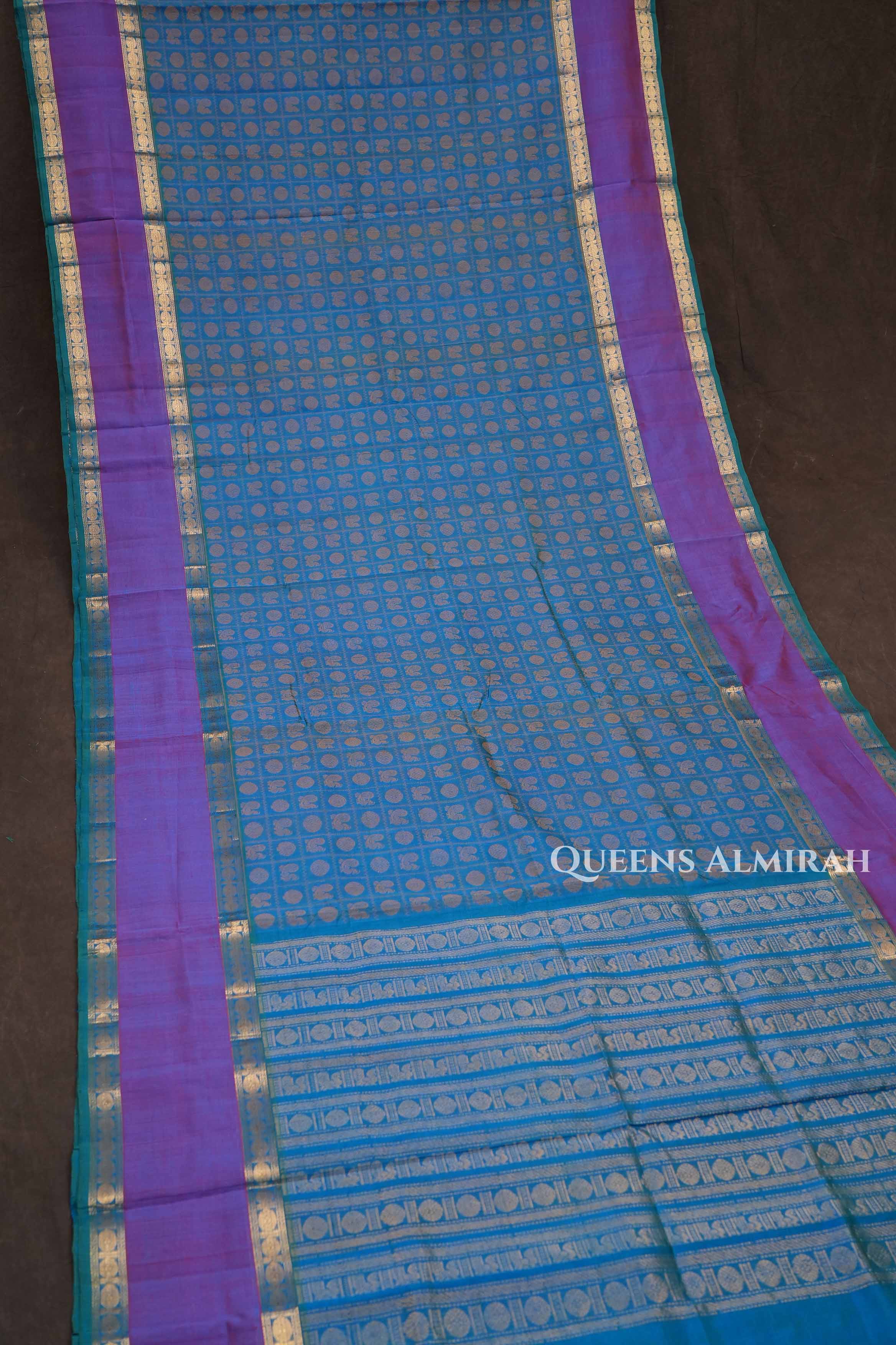 Peacock Blue With Purple Chettinad Silk Cotton Saree