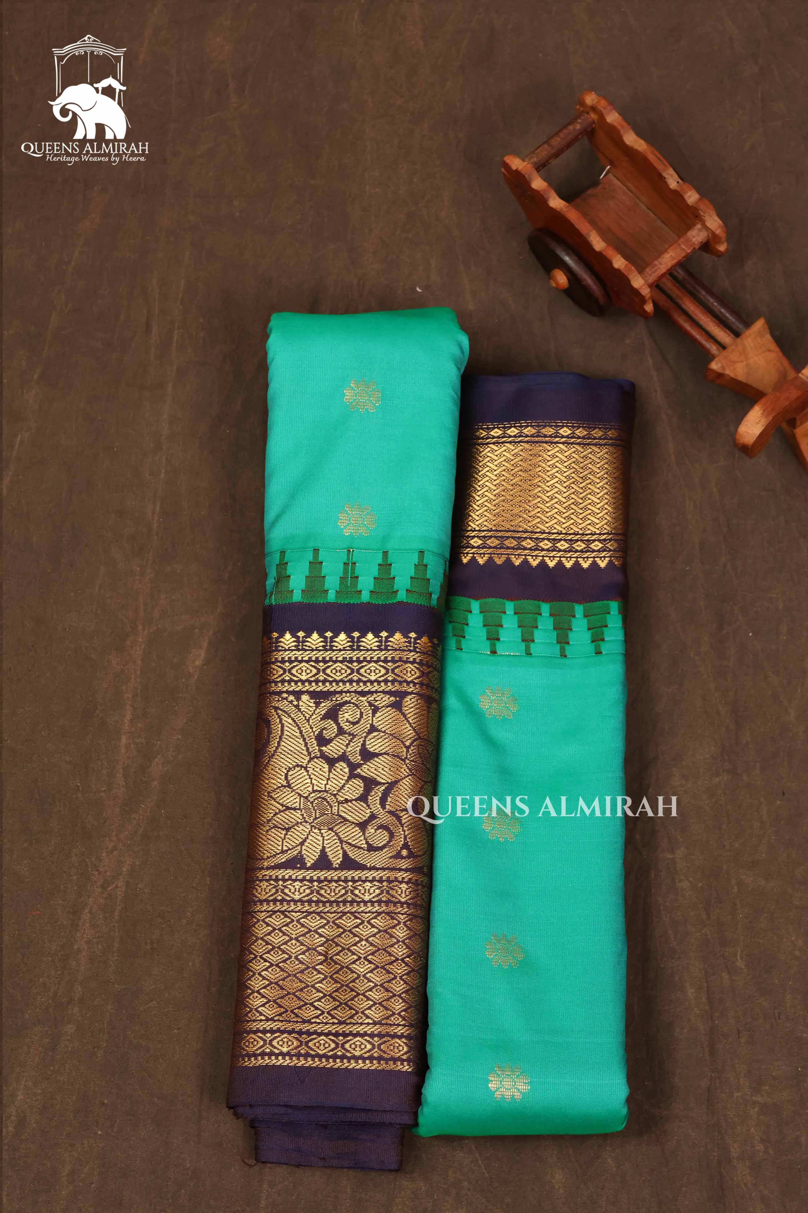 Sea Green With Navy Blue Semi Gadwal Silk Saree
