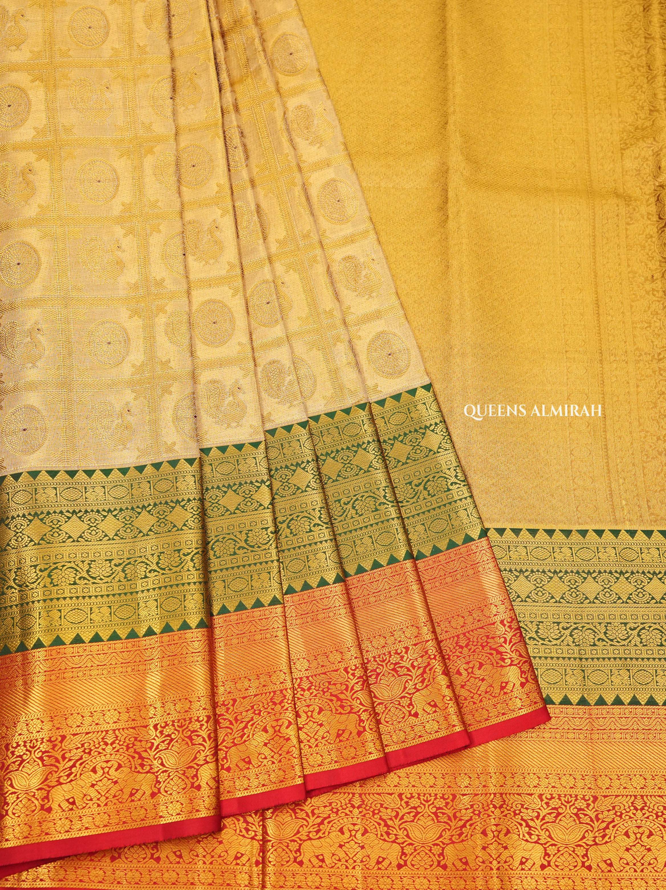 Golden With Red And Green Pure Kanchivaram Silk Saree