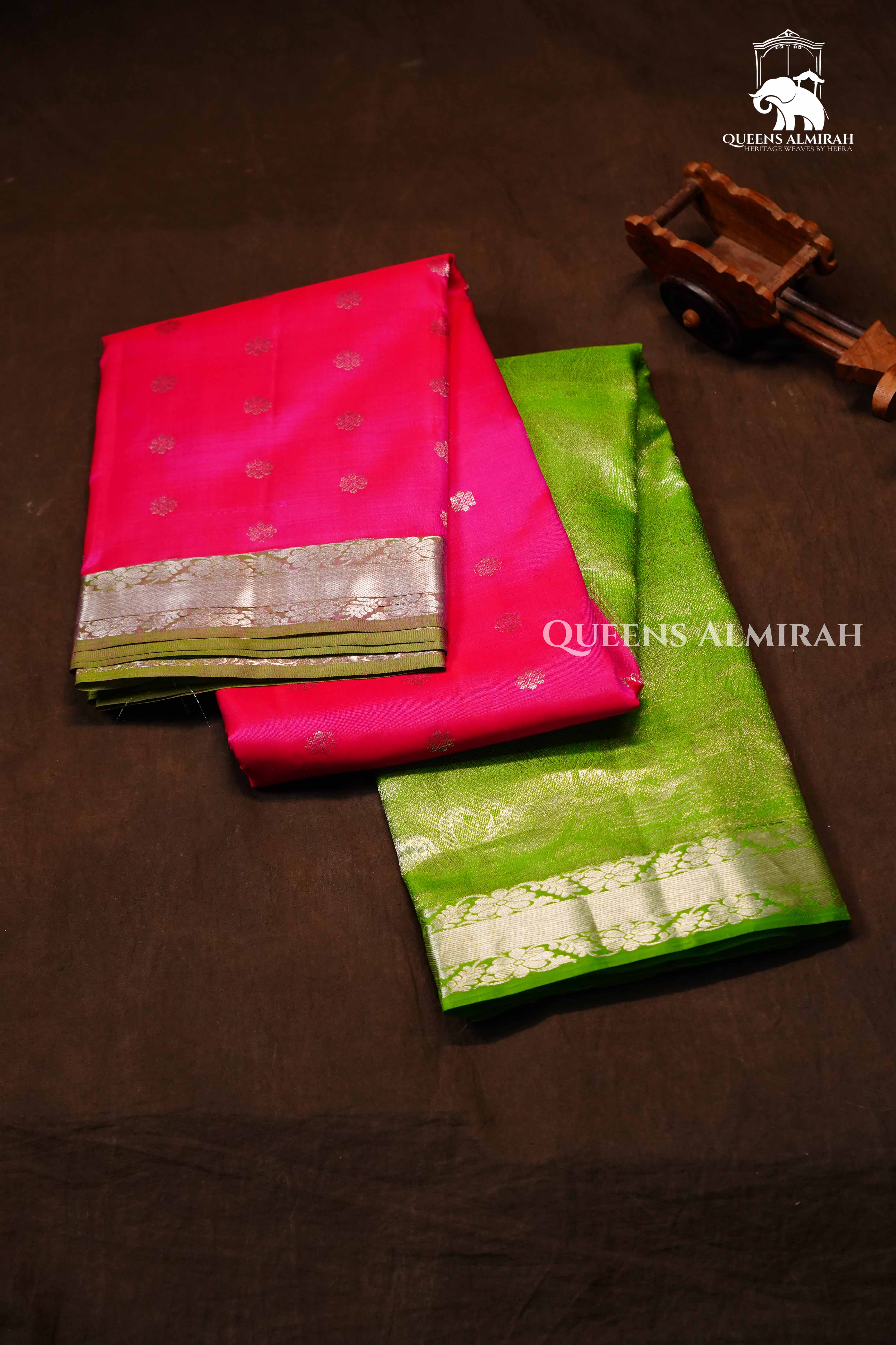 Parrot Green With Rani Pink  Kanchivaram Silk Saree