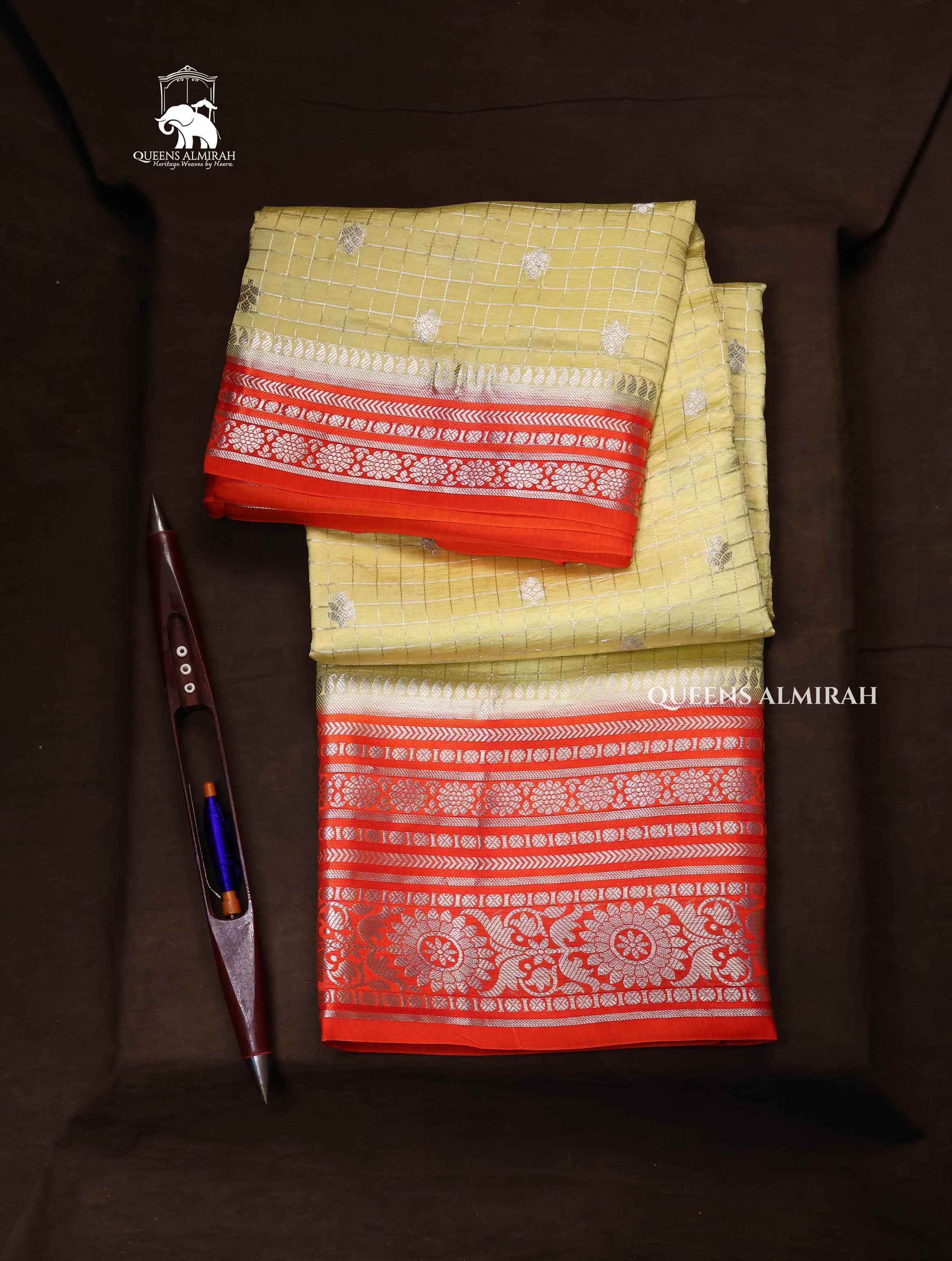 Lime Yellow Kattam Butta With Red Semi Banarasi Silk Saree