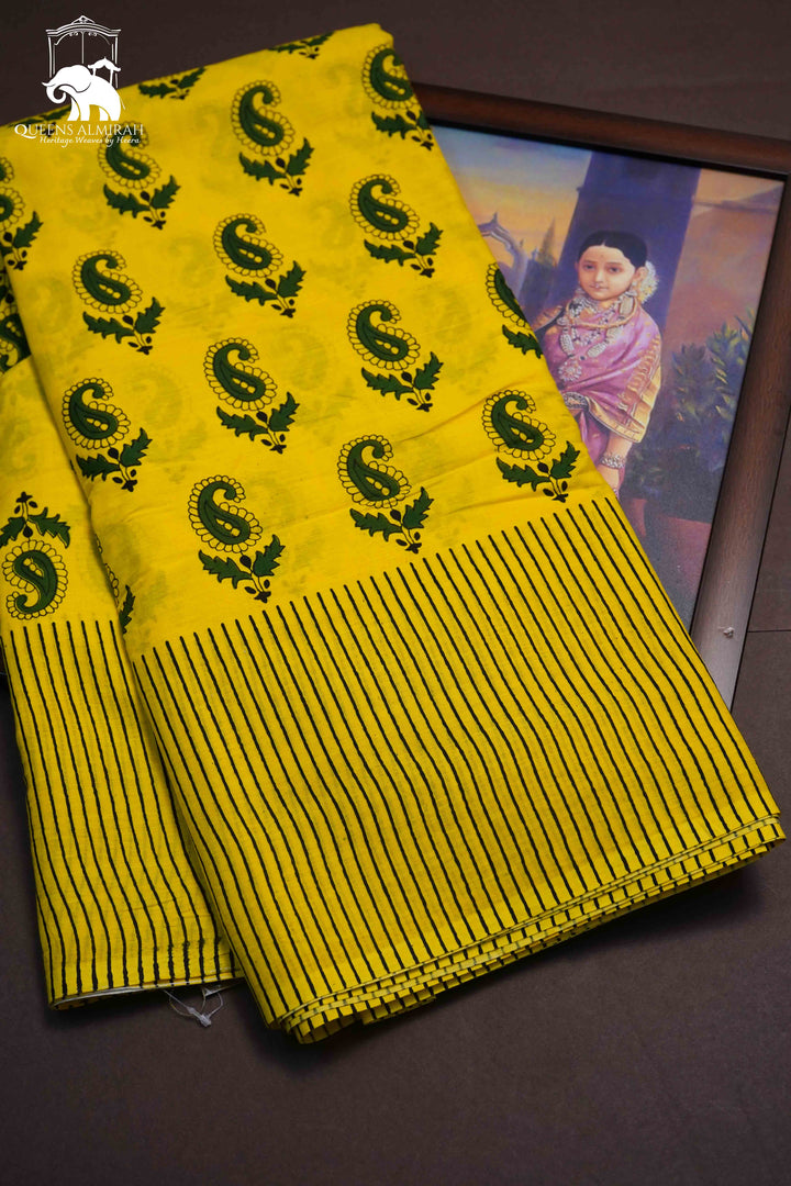 MANGO YELLOW MULMUL COTTON SAREE - Queens Jewel Emporium
