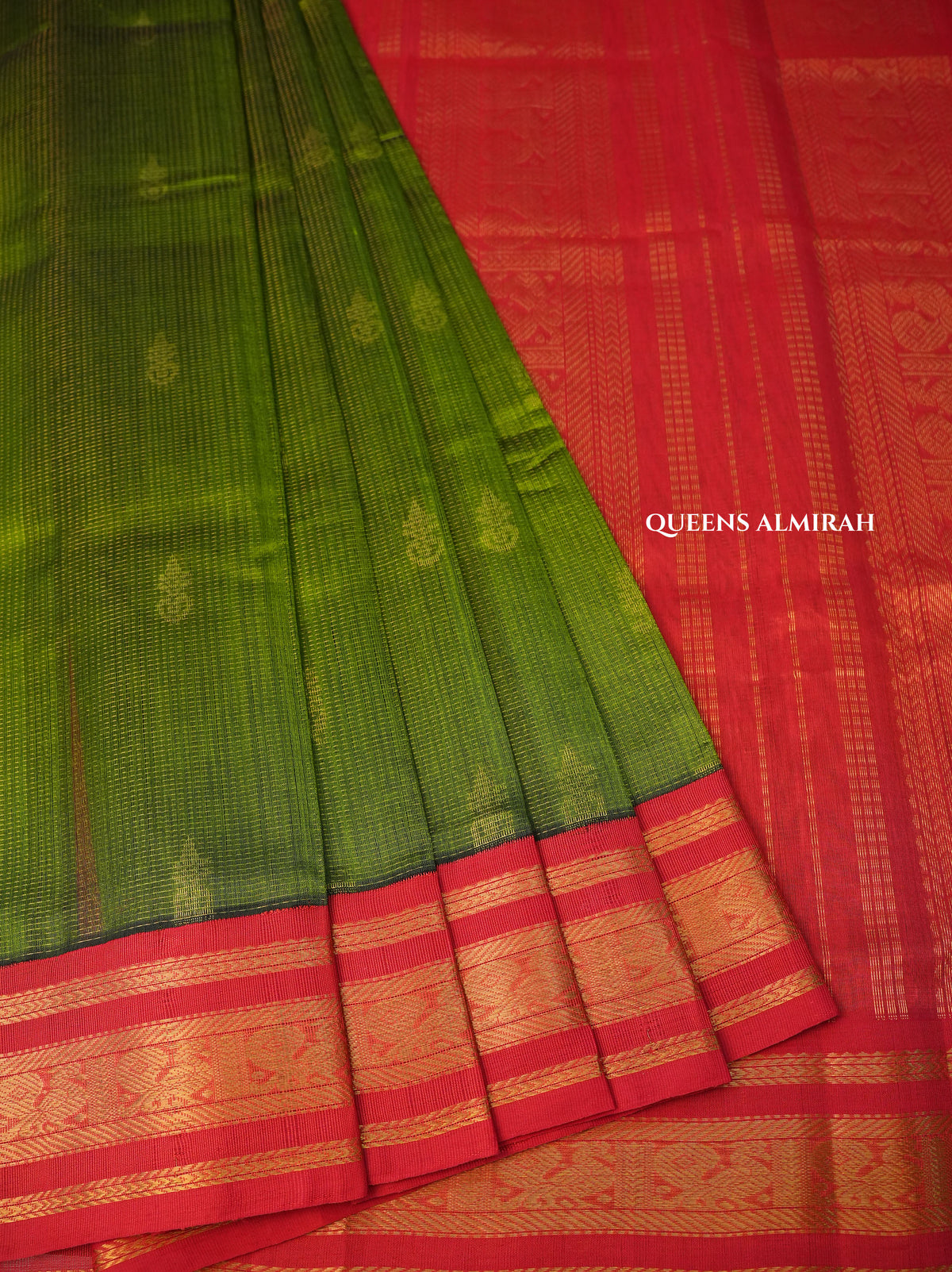 Avocado Green With Red Pure Silk Cotton Saree