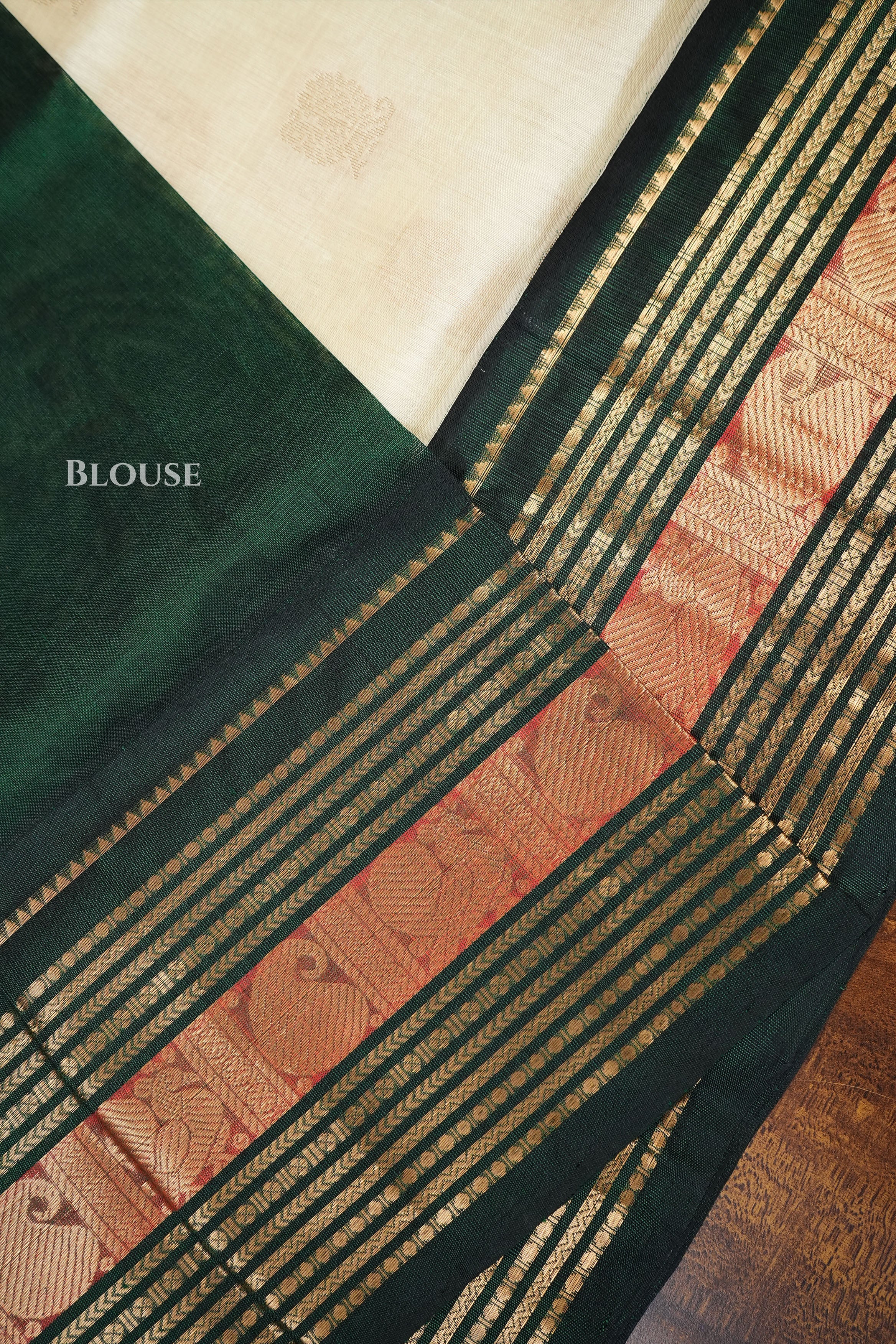 White With Bottle Green Pure Kanchi Silk Cotton Saree