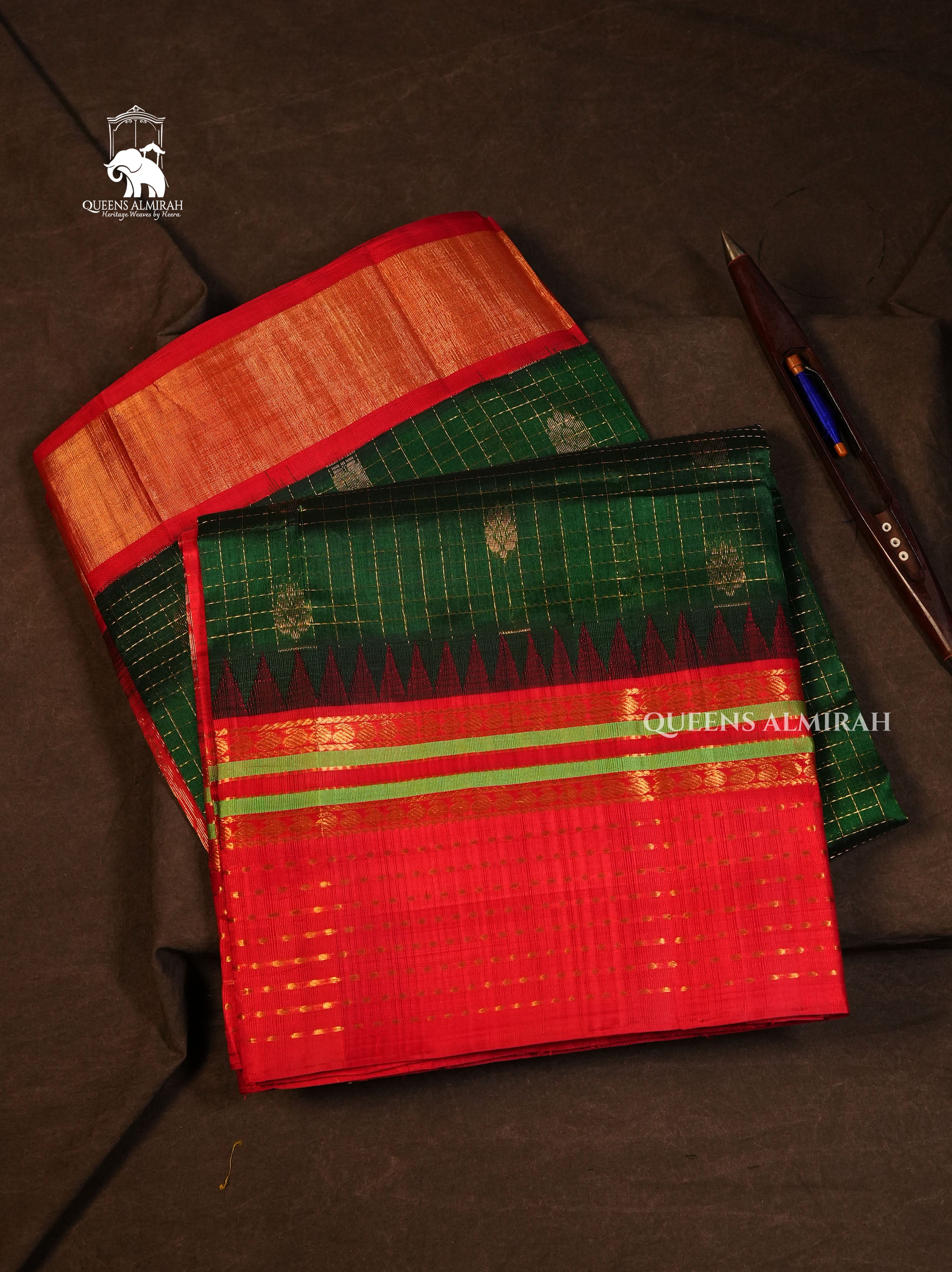 Emerald Green With Red Pure Silk Cotton Saree