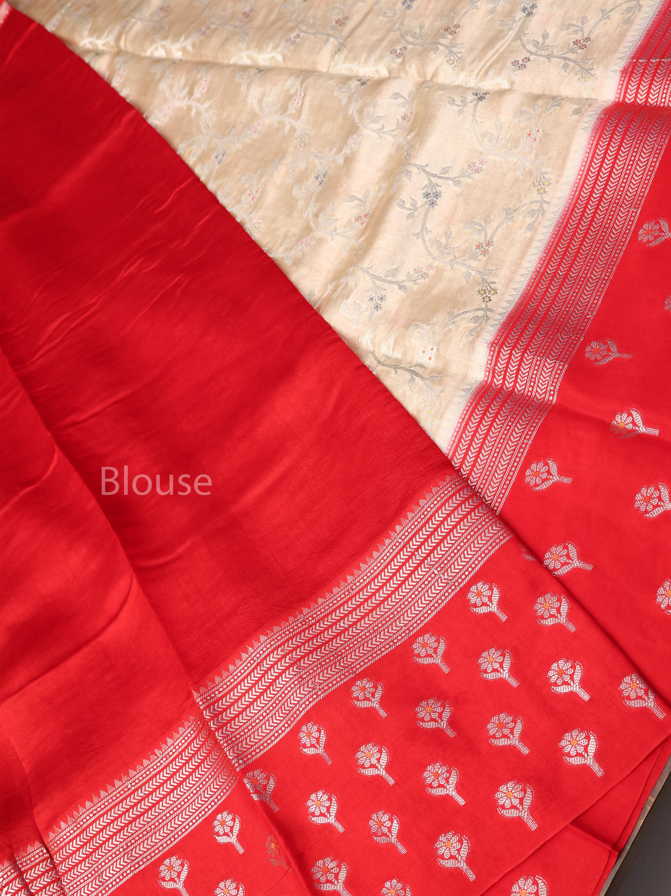Beige With Red Semi Banarasi Silk Saree